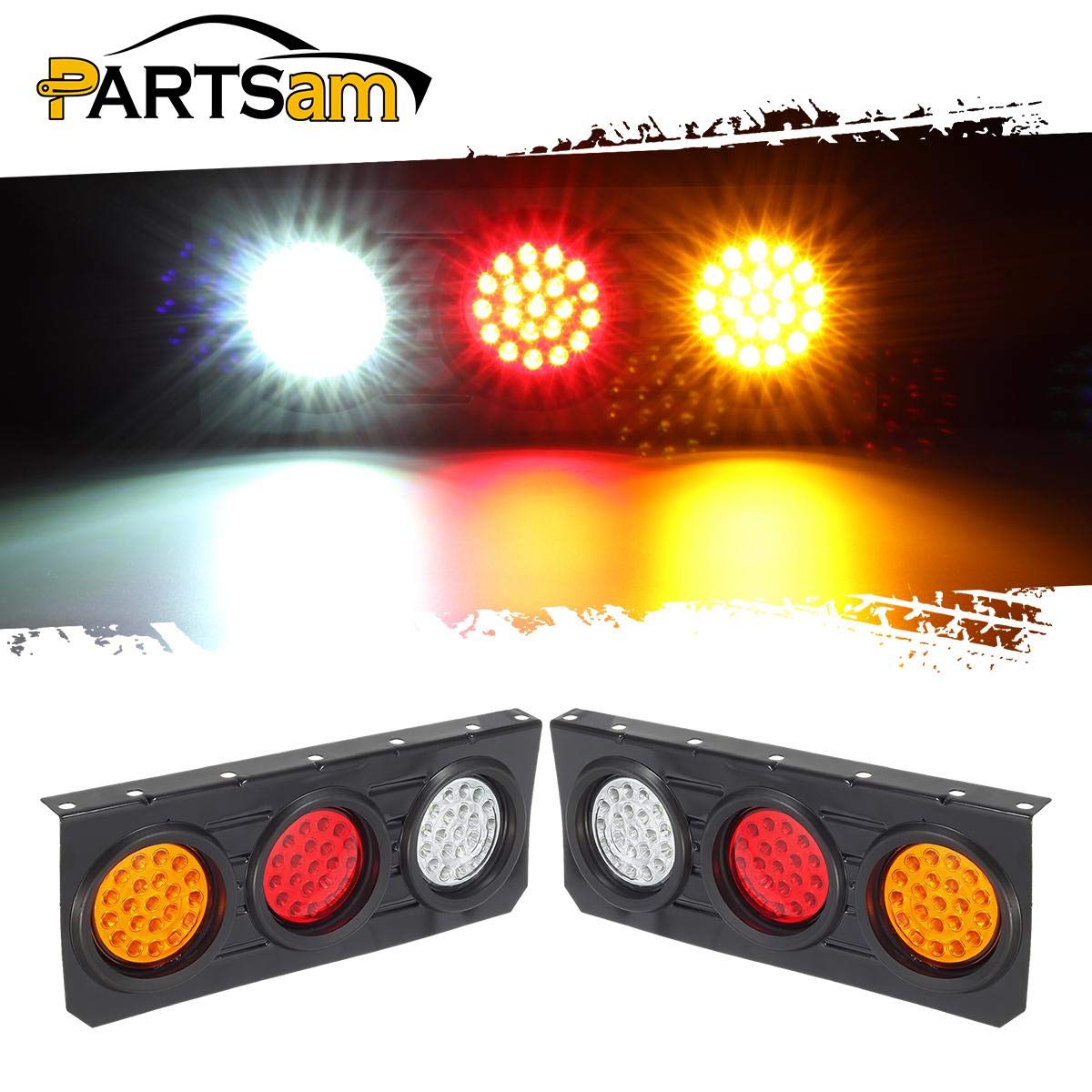 Partsam 63 LED Truck Trailer Tail Lights Bar Kit, Stop Turn Signal Brake Reverse Taillight with Iron Bracket Base Waterproof 12V-30V 4 Inch Round Led Trailer Tail Lights RV Camper Flatbed Trucks(2pcs)