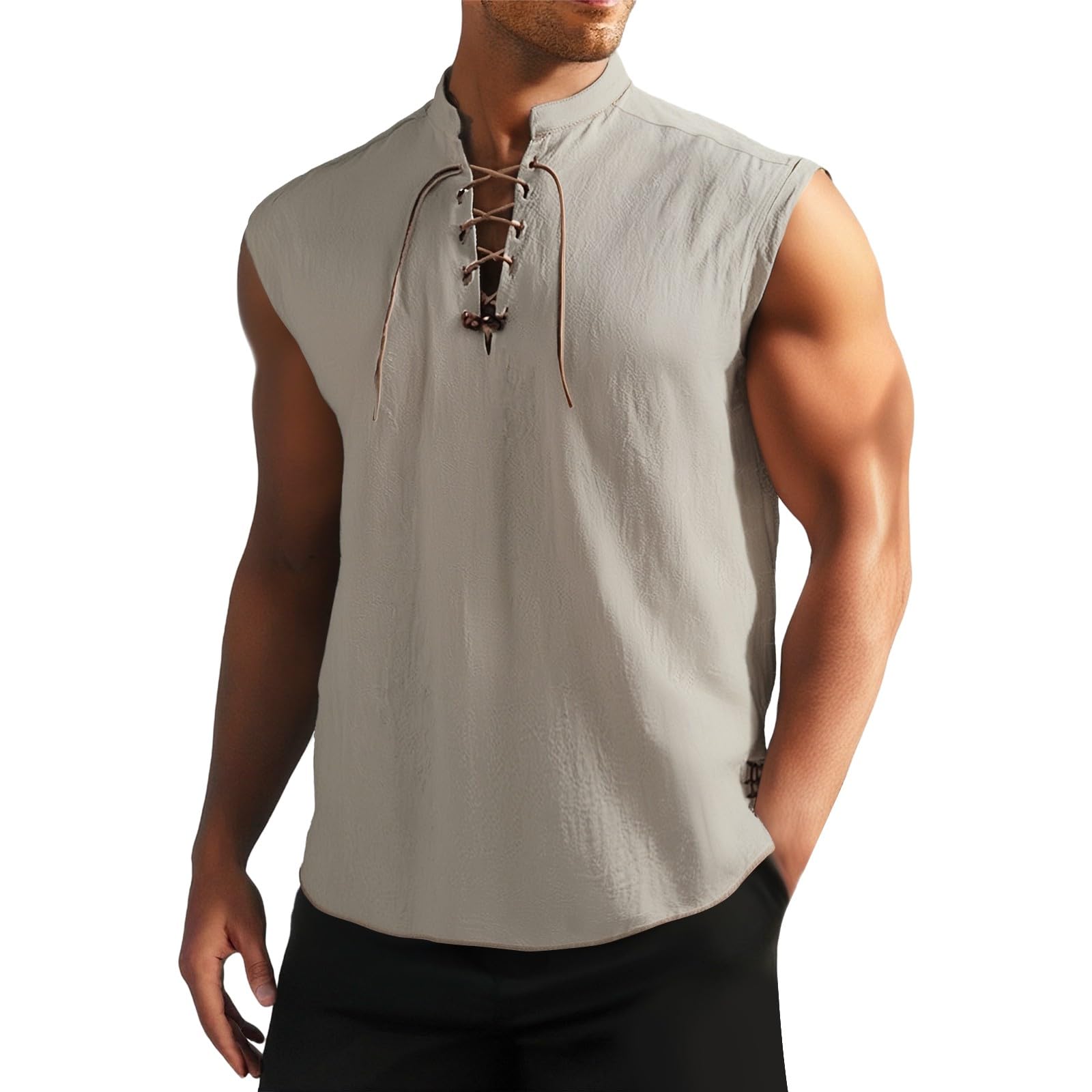 Mens Tank Tops Sleeveless T Shirts Cotton Lace Up Shirt Linen Tshirt for Pirate Renaissance Medieval Viking Costume Franelillas para Hombres(Beige, XXL)