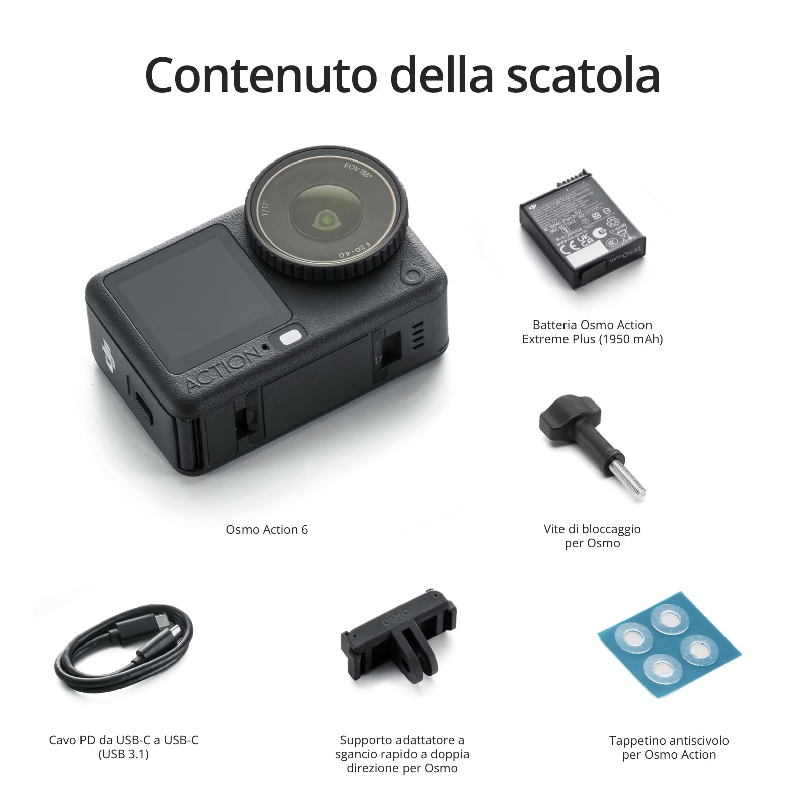 DJI Osmo Action 6 Combo Essenziale, 4K action cam con sensore quadrato 1/1,1″, apertura variabile da f/2,0 a f/4,0, resistente al freddo, batteria da 4 ore (OA6 Essential Combo)