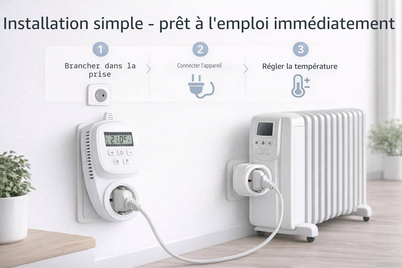 VIESTA® TH12 thermostat prise, programmable, 7 jours, 230 V / 16 A / 3600 W, 5–35°C, 0,5°C, écran LCD, EEPROM, protection antigel, pour chauffages électriques, panneaux chauffants