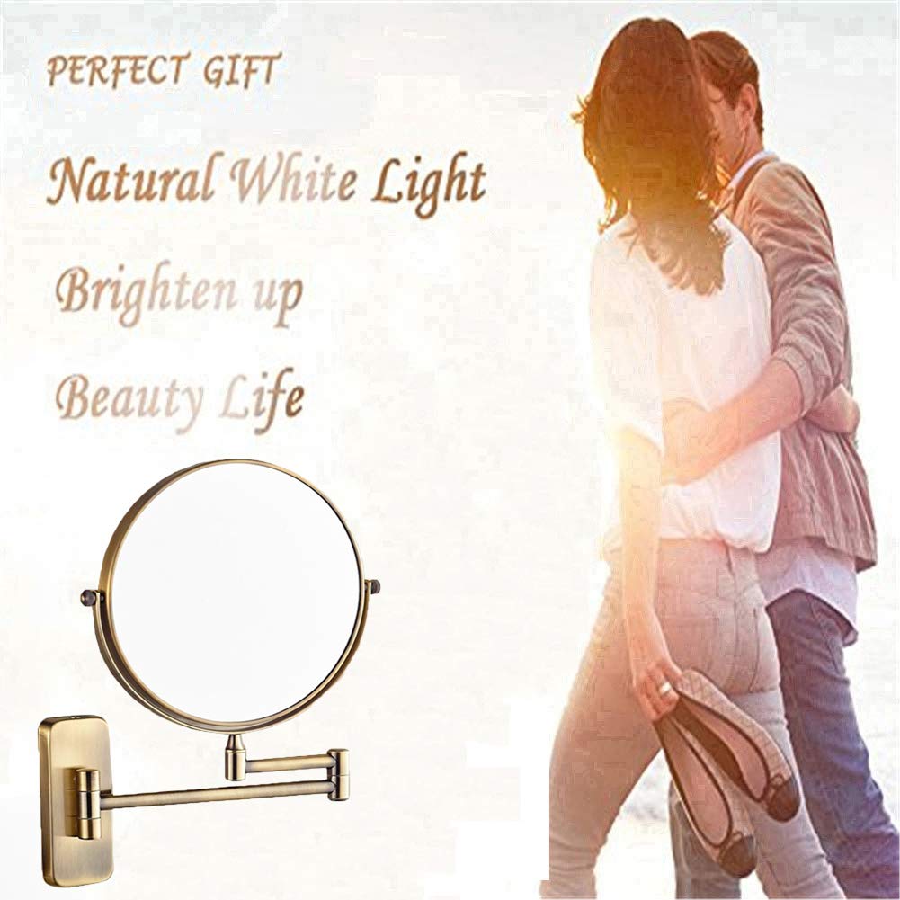 Espejo de maquillaje Montaje en pared, Espejo de baño extensible de Doble Cara giratorio de 360 ° Espejo de Aumento de 10X Espejo de belleza de Forma Redonda plegable,Gold_8inch (Bronce Verd