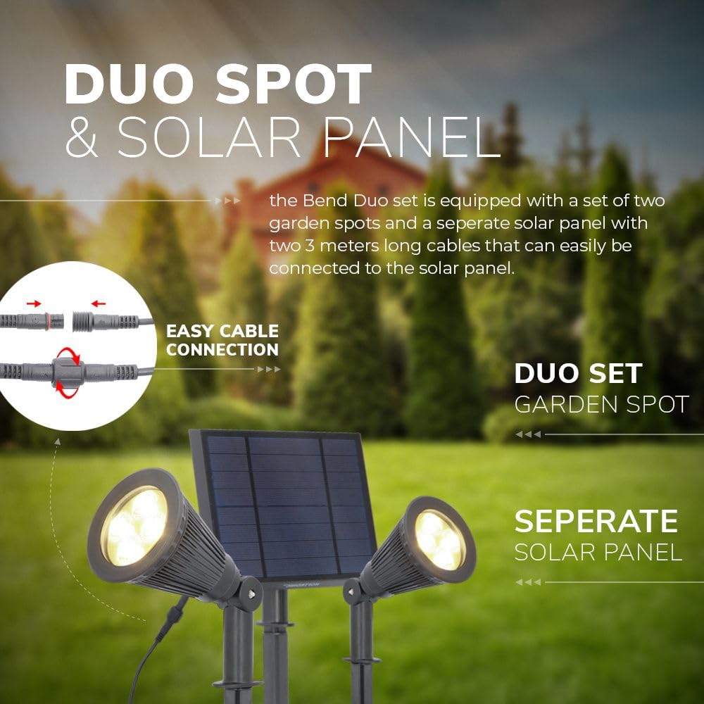 HOFTRONIC - 4er Pack Solar Gartenstrahler Bend Duo IP65 Wasserdicht 3000K Gartenleuchte LED Solarlampen Außen Solarleuchte Erdspieß Wegeleuchte mit Wintersolar Solarpanel Warmweiß Garten Solarstrahler