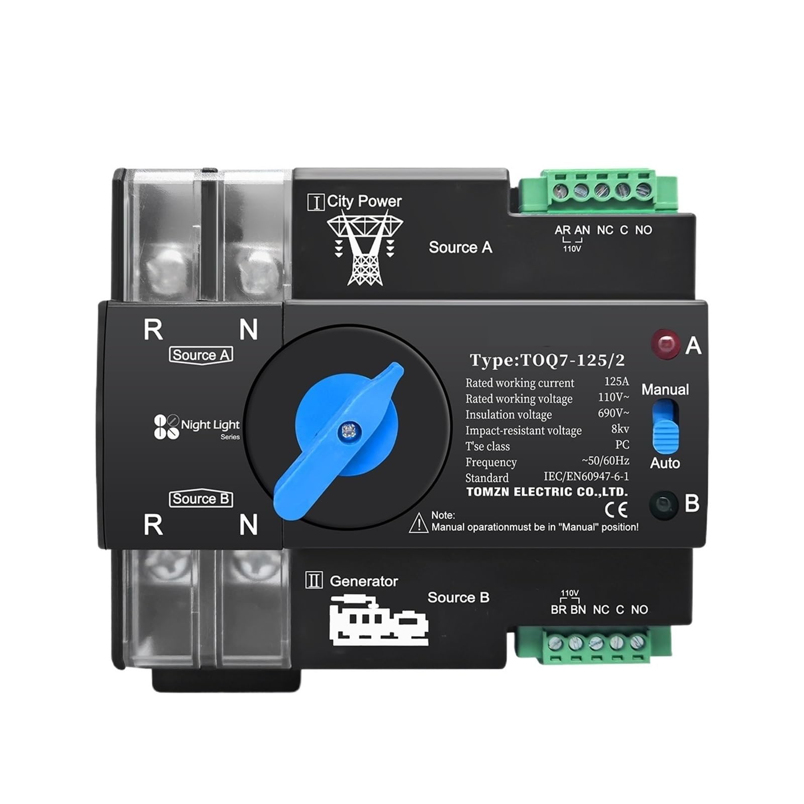 PVTLCYBI Rail 110V 120V Dual Power Transfer Switch 2P 63A 100A 125A(63A)