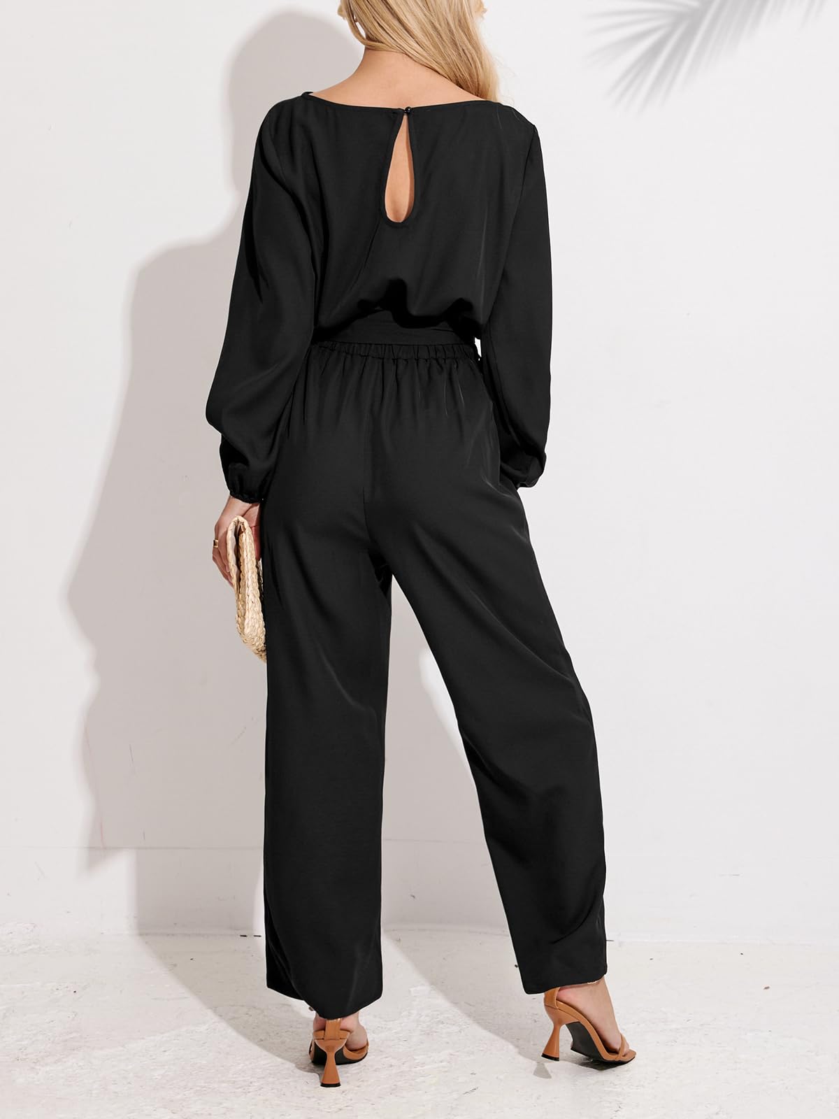 CUPSHE Damen Elegant Jumpsuit Bootskragen Langarm Playsuit mit Gürtel