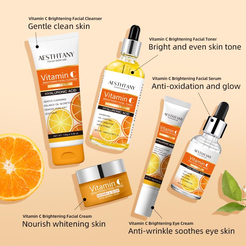 AESTHTANY Vitamin C Skin Care Set,Face Care Set for Women,with Cleanser,Toner,Eye Cream,Serum,Cream,Travel Size Skincare Set 5Pcs,Anti-Aging - Image 4