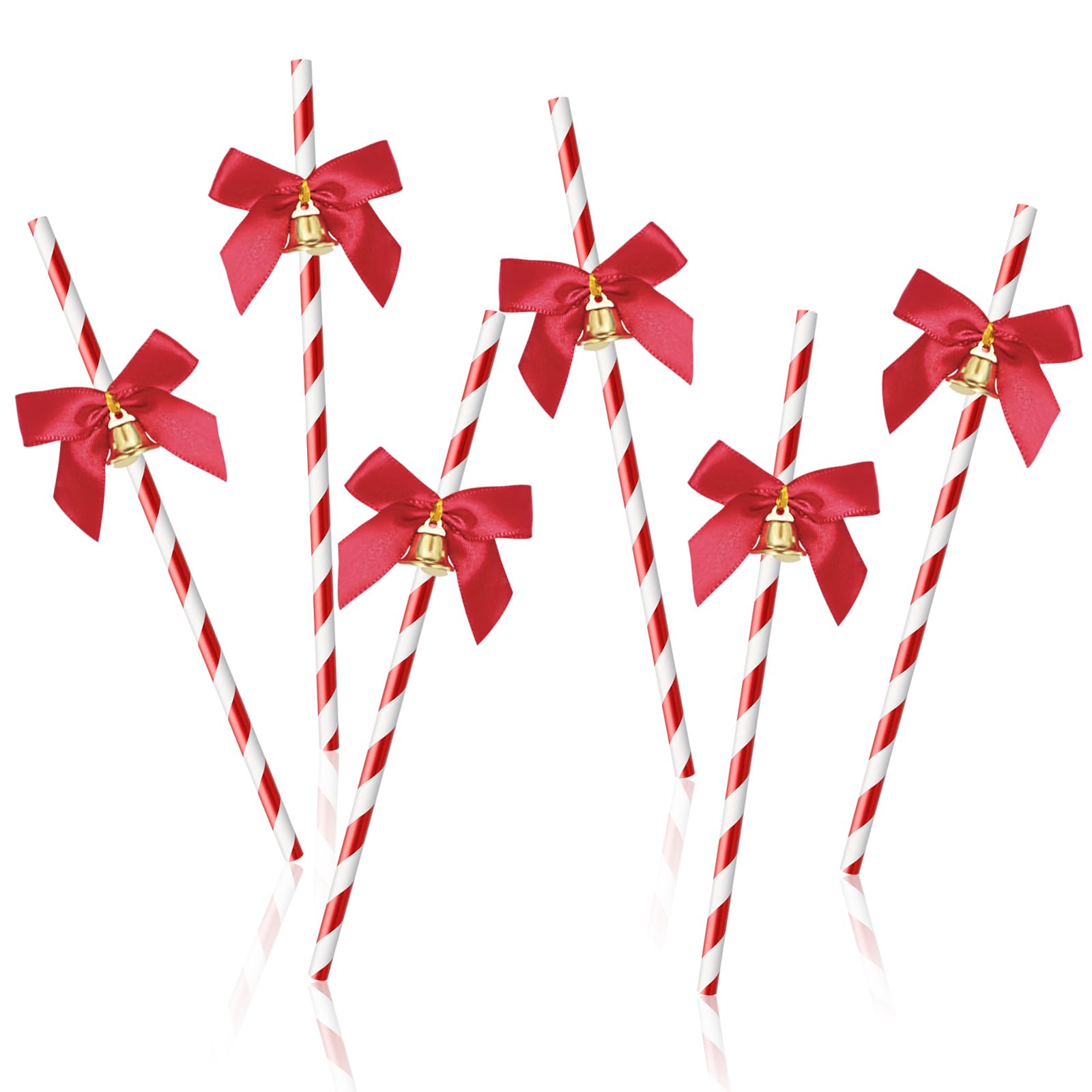 Whaline Christmas Paper Straws with Bell Foil Red White Stripe Disposable Paper Straws Merry Christmas Drinking Straws for Christmas Party Supplies Wedding Xmas Birthday Decoration, 50Pcs