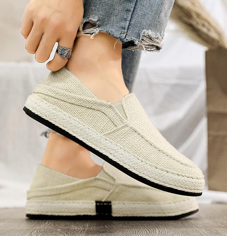 Men's Canvas Slip-on Espadrilles Loafers,Fashion Breathable Hand Stitching Linen Indoor Outdoor Non-Slip Comfortable Flat, Casual Walking Sneakers Moccasins Boat Shoes4