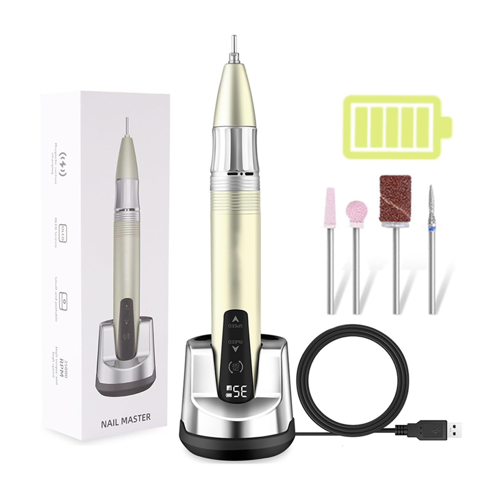Fresa per Unghie, Trapano for Unghie a Batteria 35000 RPM, Lima for Unghie elettrica Portatile Ricaricabile con Touch Screen for Strumento for Manicure(Yellow)