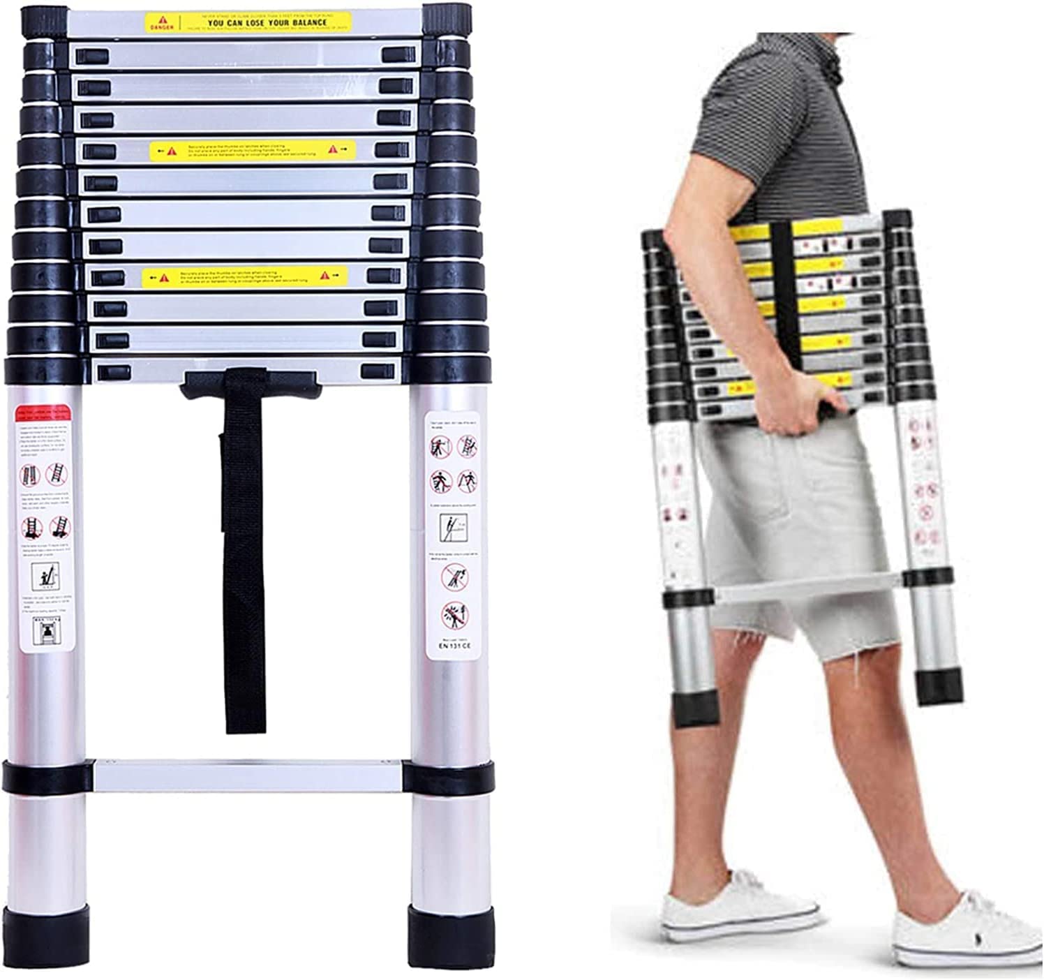 DICN Aluminium Telescopic Ladder 5 m 13 Steps Folding Extendable Easy to Carry for DIY Builders, Indoor and Outdoor