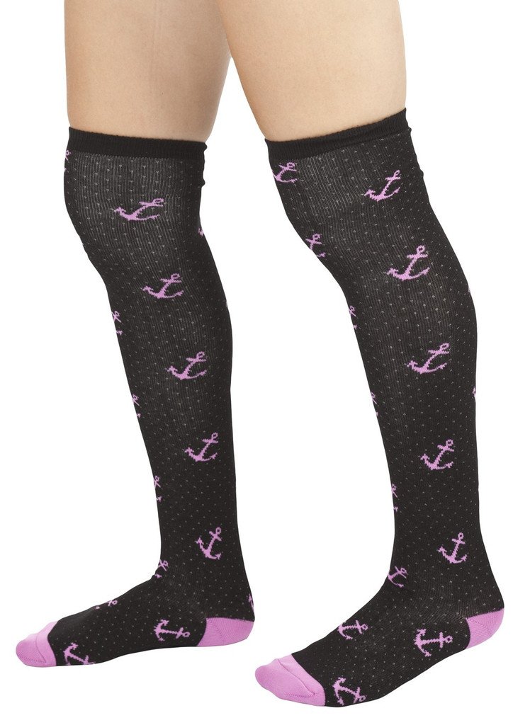SourpussBlack & Pink Anchor Seafaring Thigh High Socks Clothing, Black & Pink, One size