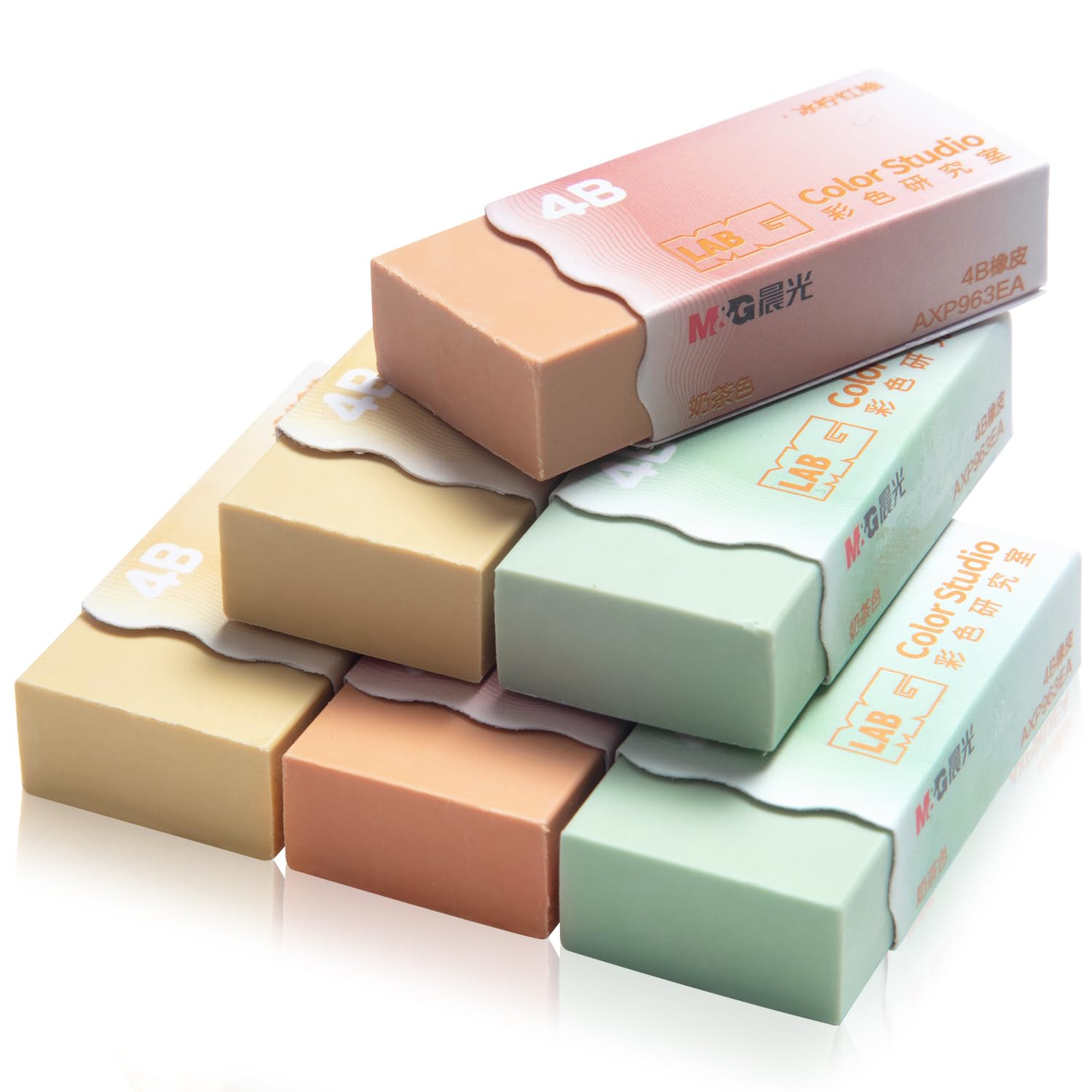 M&G 6 Pcs Pencil Erasers, Assort Color Rectangular Writing Erasers for School Office, Art Erasers for Drawing (Milk Tea Color)