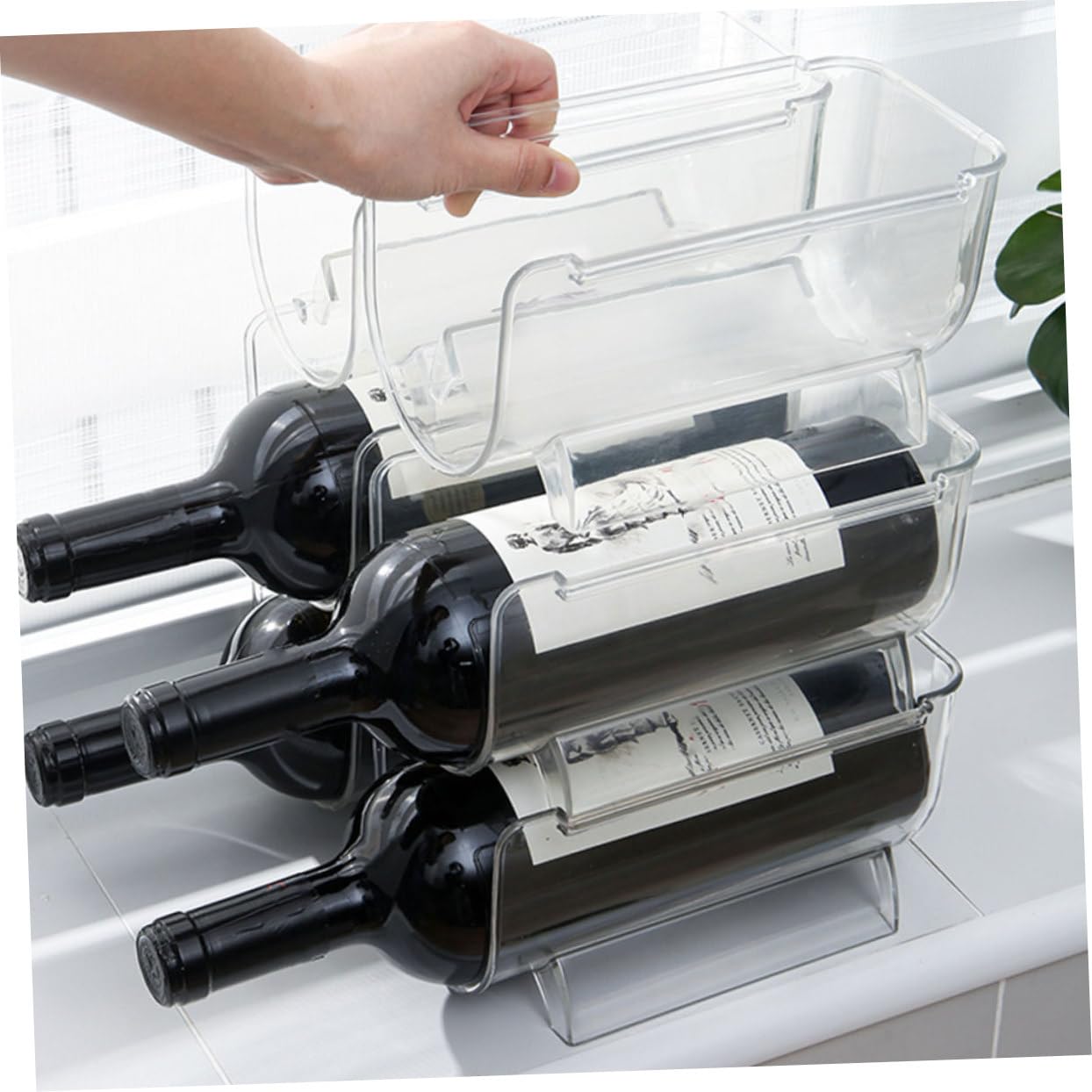 2 estantes apilables para vino, contenedor de almacenamiento transparente para botellas de vino, bebidas y agua, ahorro de espacio para el hogar, bar, oficina y comedor