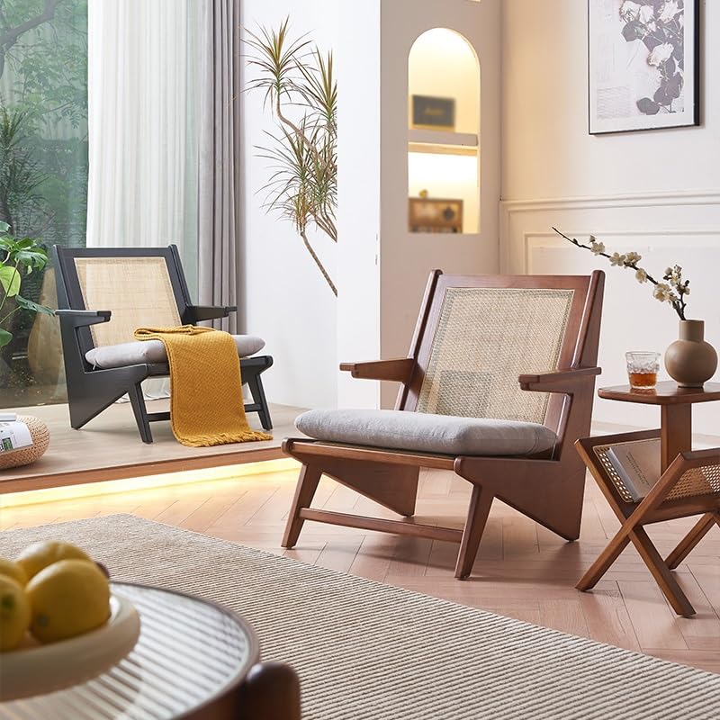 eexbz Small Sofa Wooden Rattan Single Leisure Chair Wabi-sabi Style Living Room Small Sofa Armrest Recliner Couch for Small Spaces(A)