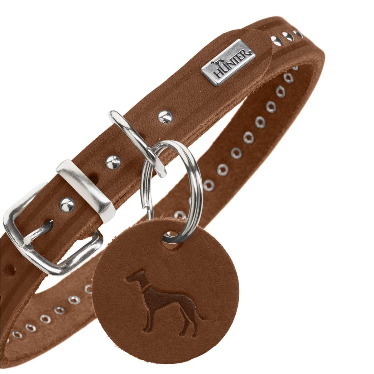 HUNTER Aalborg Style Dog Collar, Colour: Cognac, Greased Full Cowhide Leather, Robust, Comfortable, Stylish Studded Trim - Image 4