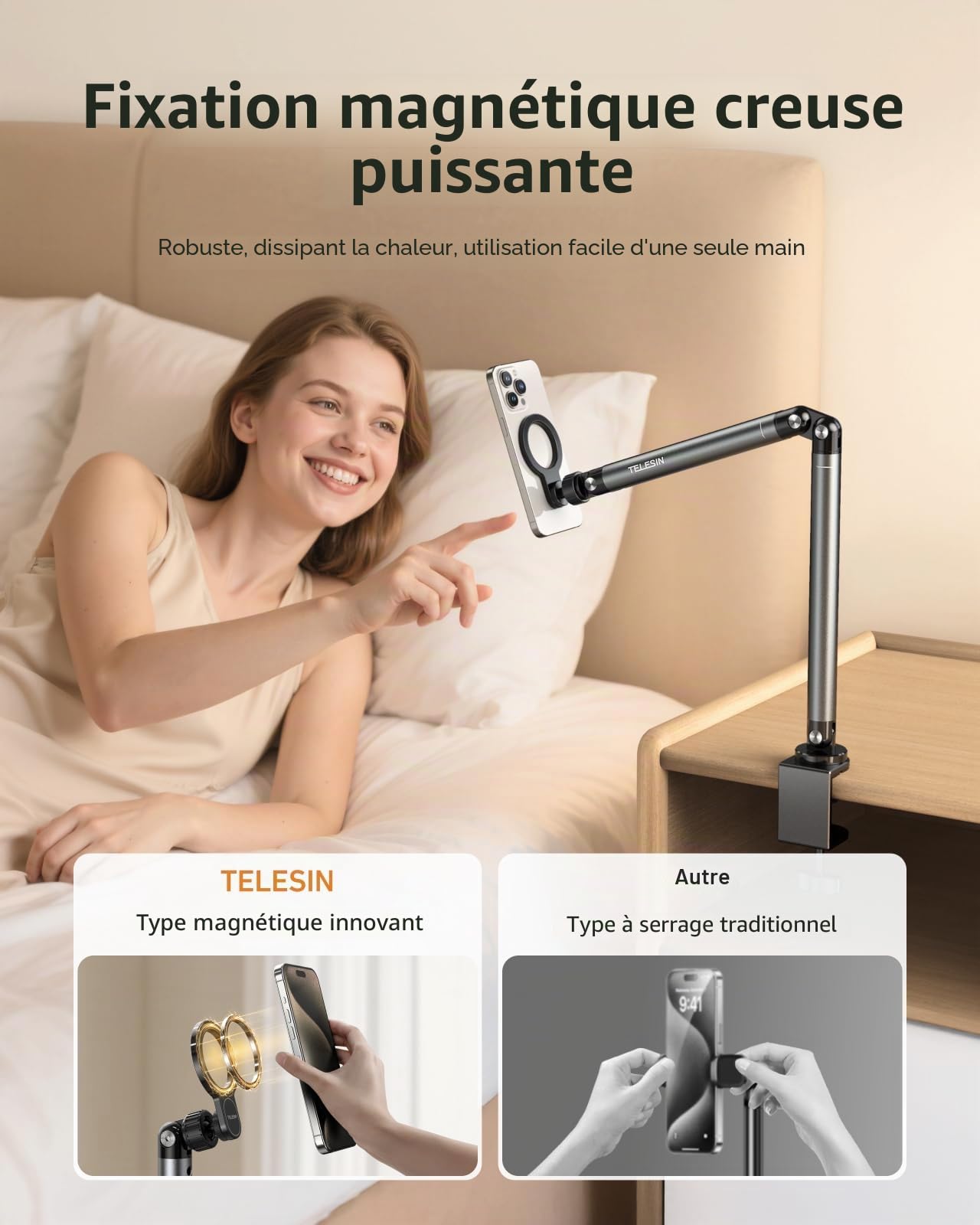 TELESIN Support Tablette de Serrage Magnétique pour Lit | RéGlable Rotatif à 360° avec Bras Stable, Support Porte-Pince Magnétique pour Magsafe/iPhone/Android/IPad
