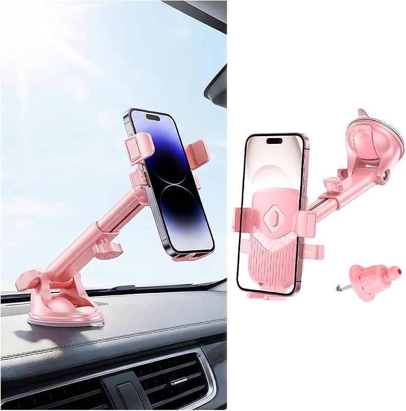 360-Degree Phone Mount for Dash Windshield or Vent, Pink1 | PC TPU ABS and metal build, 6.4-8.2 Inch arm, 2.2-3.7 Inch clamp opening, suction cup or hook mounting, interior accessories