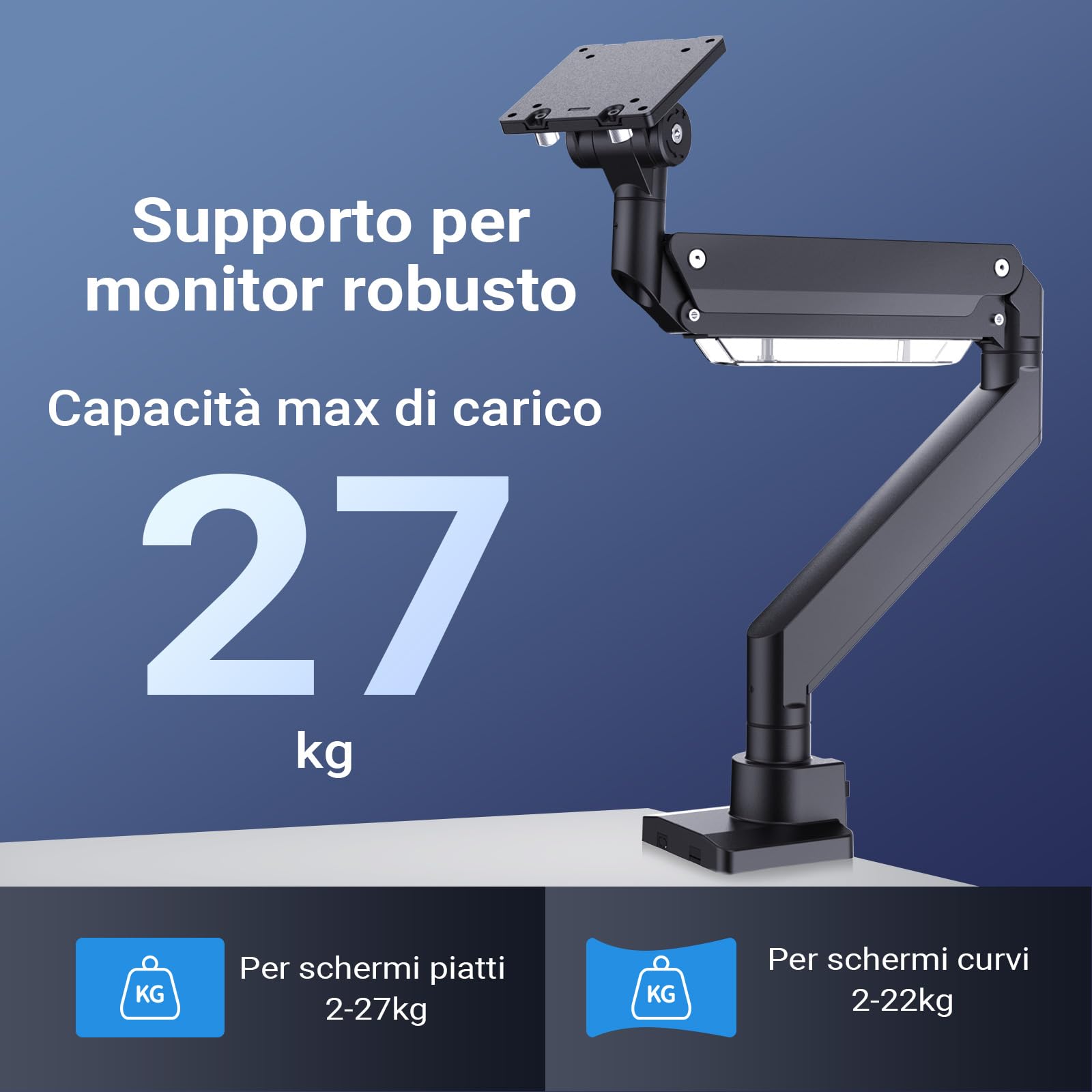Wiltec Braccio monitor da scrivania Supporto per schermi da 17 a 57" conforme a VESA, con molla a gas