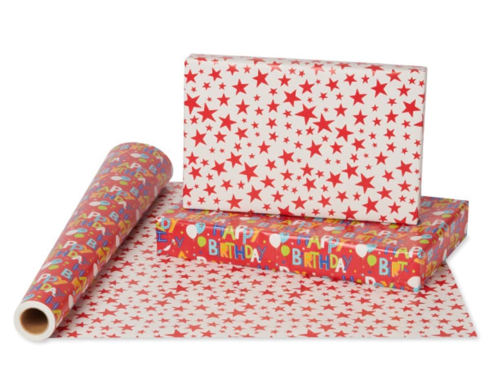 American Greetings Reversible Wrapping Paper, Happy Birthday Lettering and Stars (1 Jumbo Roll, 175 sq. ft.)