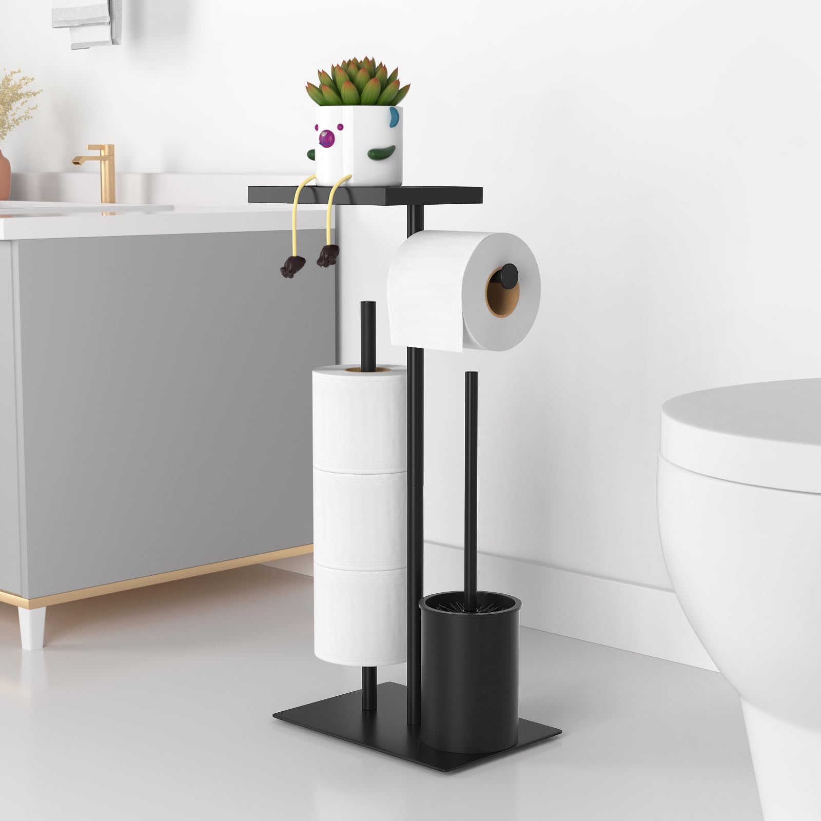 Porte-papier toilette debout en acier inoxydable avec brosse – avec boîte à lingettes humides, ensemble WC