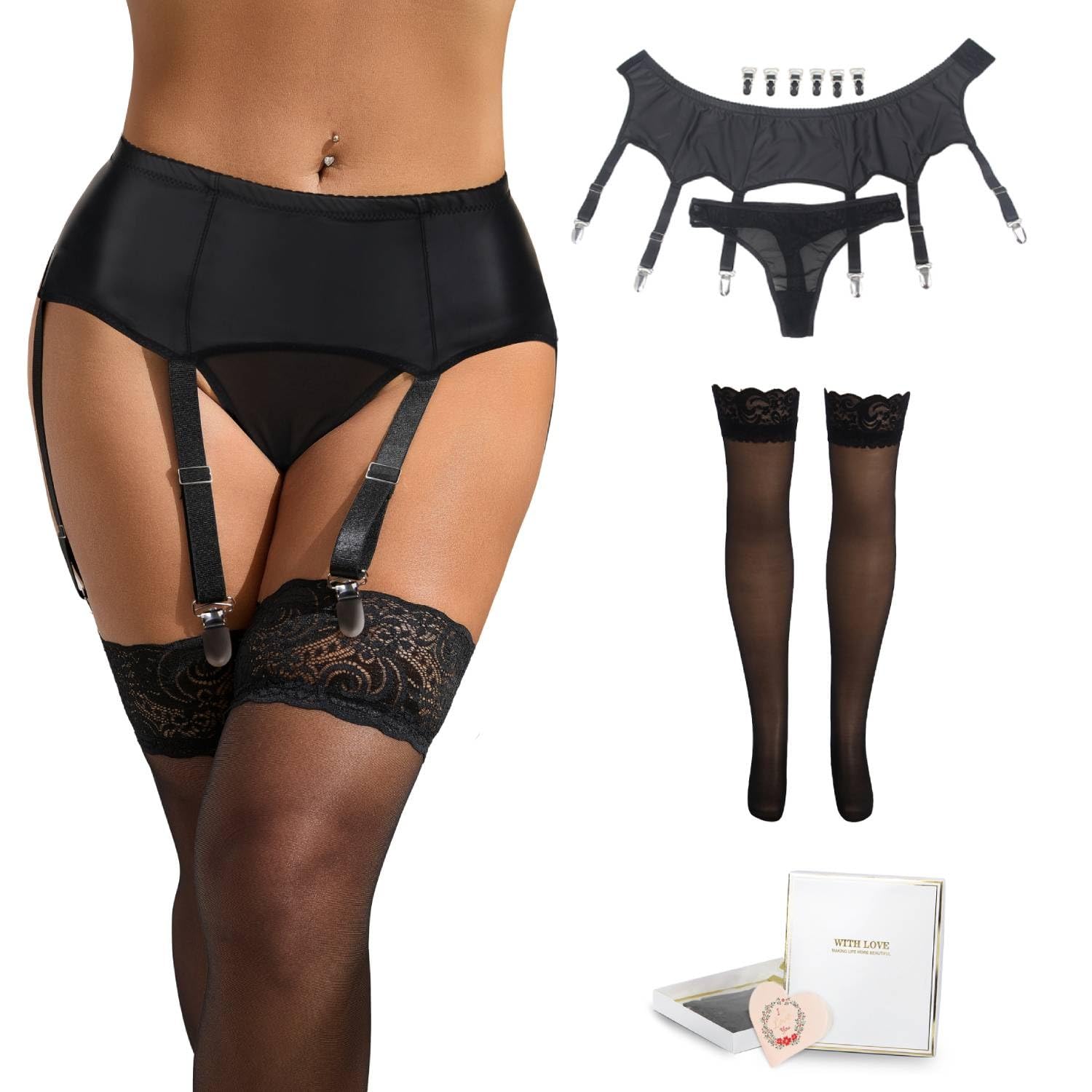 comeondear Reggicalze Donna Hot Curvy Vita Alta Reggicalze con Perizoma Sexy Taglie Forti con 6 Bretelle Regolabili Guepiere per Calze Autoreggenti Giarrettiera Intimo con 12 Clip Rimovibili