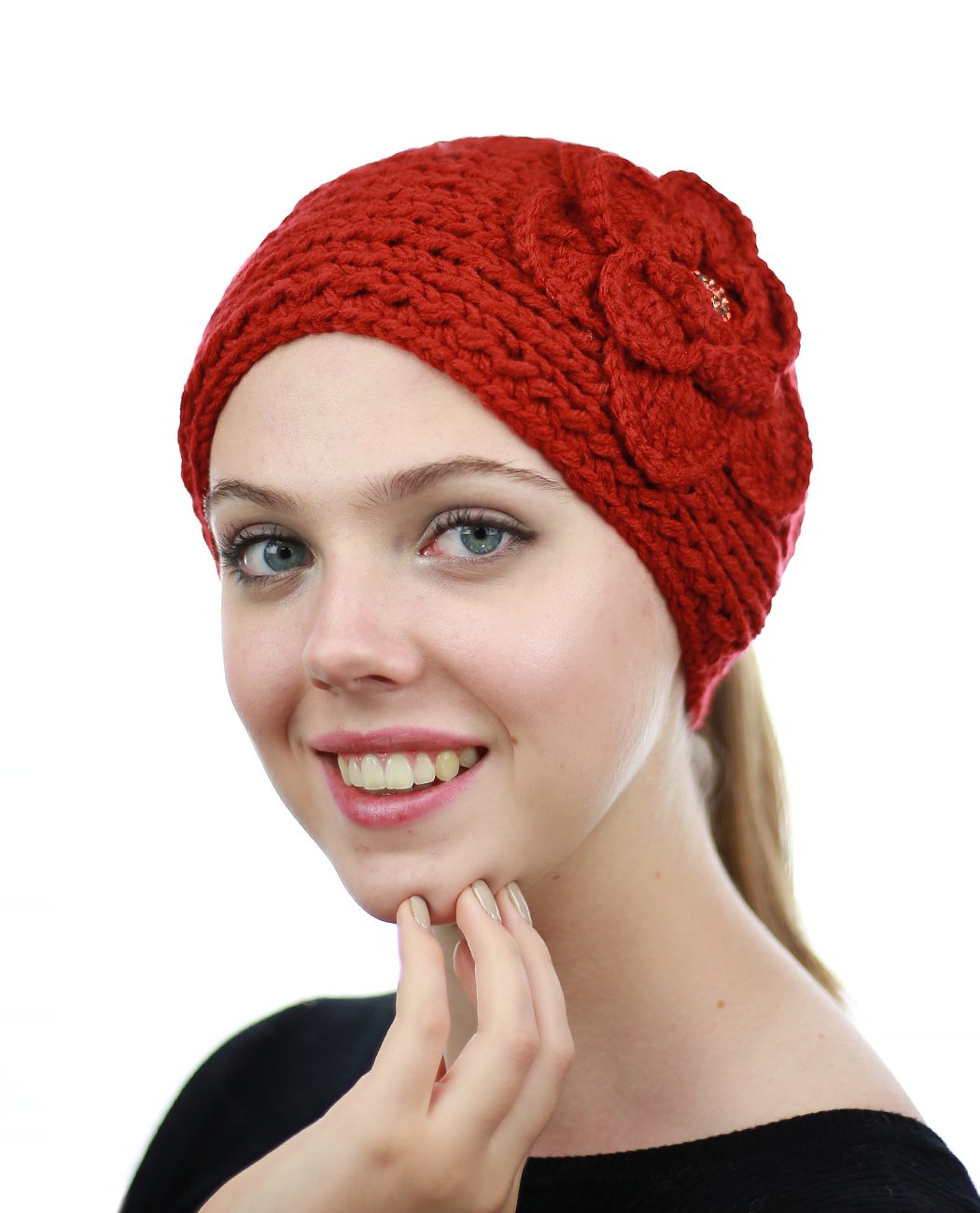 NYFASHION101 Stone Accent Hand Knitted Flower Winter Headband Headwrap, Orange
