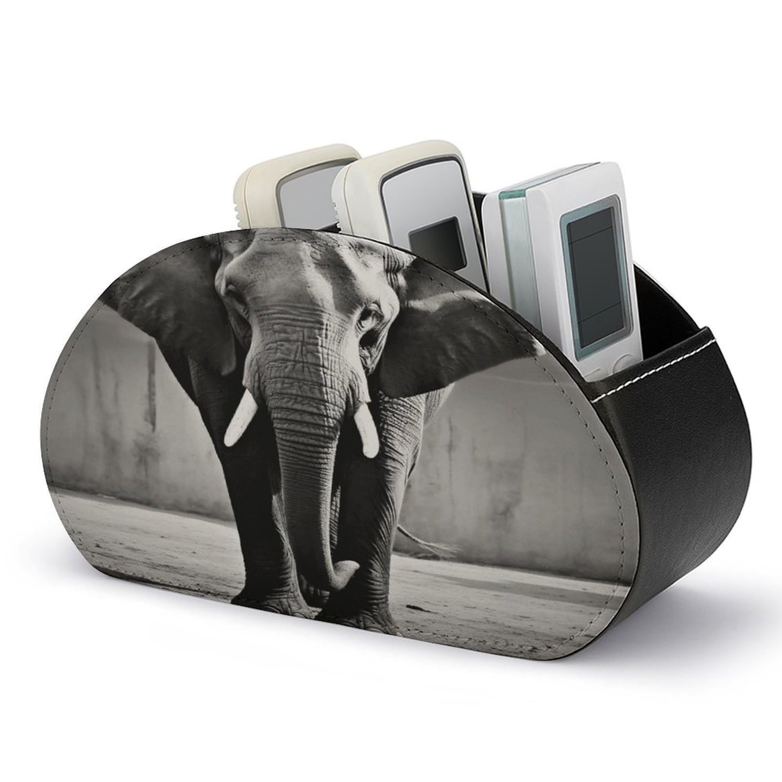 VstaDank Black And White Elephant Remote Control Holder with 5 Compartments PU Leather Remote Caddy Desktop Organizer Store TV Remote Control Storage Box for Home Office Desk Nightstand