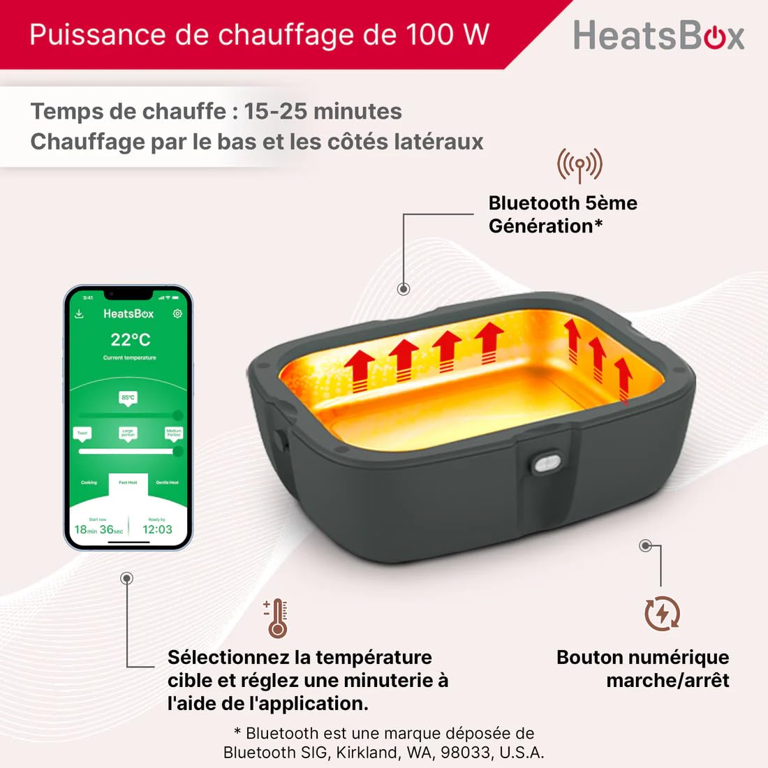 Faitron HeatsBox Style+ - Boite Chauffante Repas Électrique Mobile, Sans BPA, Contrôle par Application, Bol Anti-Fuite Gamelle Chauffante en Acier Inoxydable (925 ml), Gris