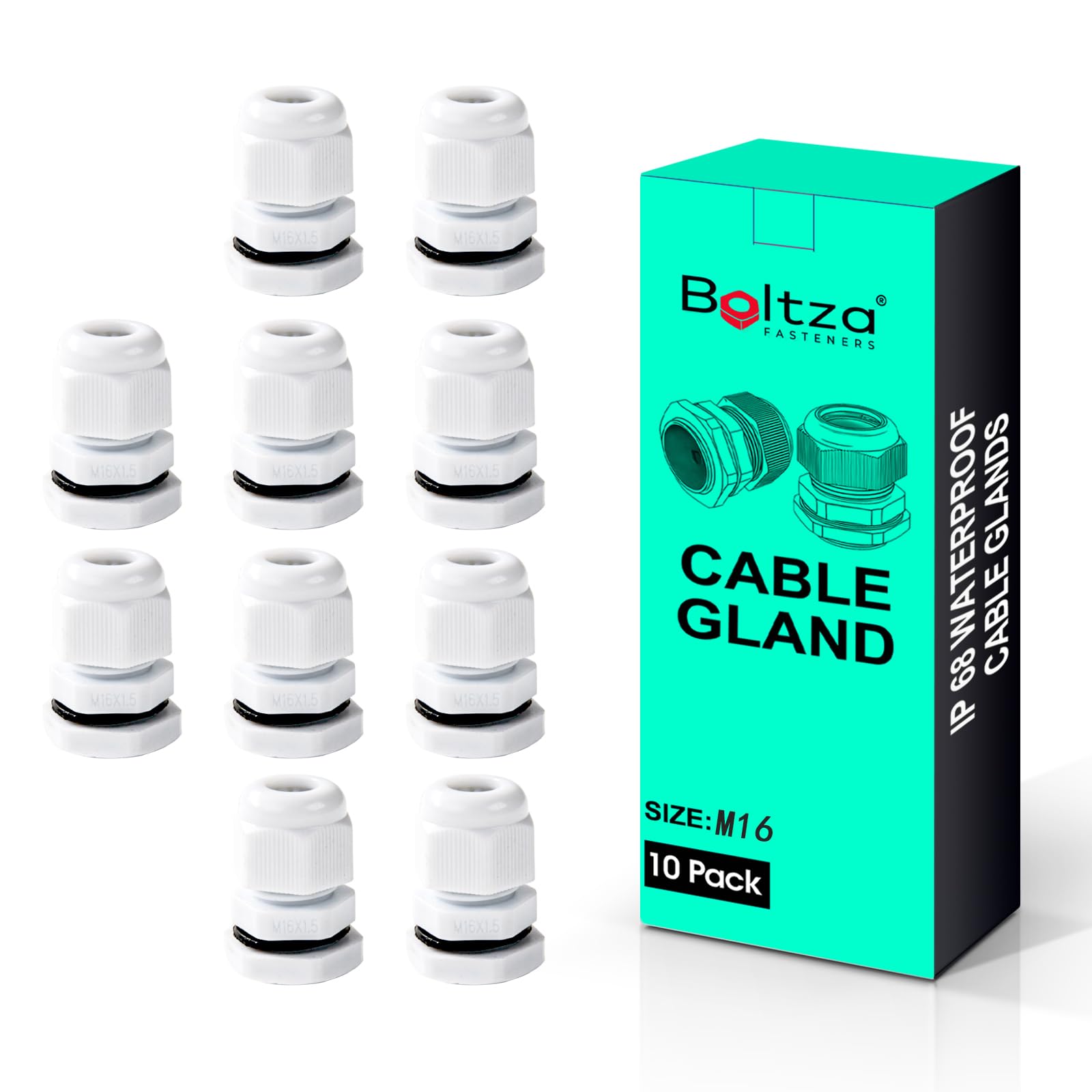 Boltza® White Nylon Cable Gland – IP68 Waterproof Cable Connector for Electrical Enclosures, Junction Boxes, Outdoor Use – Conduit Gland – 10 Pack (M16)
