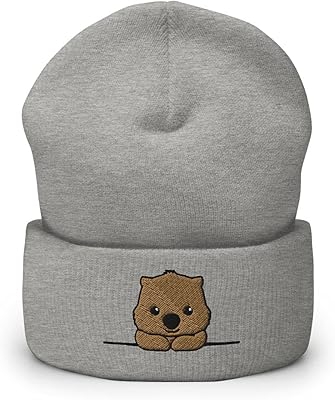 StayPawsome Smiling Wombat Beanie Unisex Adult Embroidered Cuffed Heather Grey