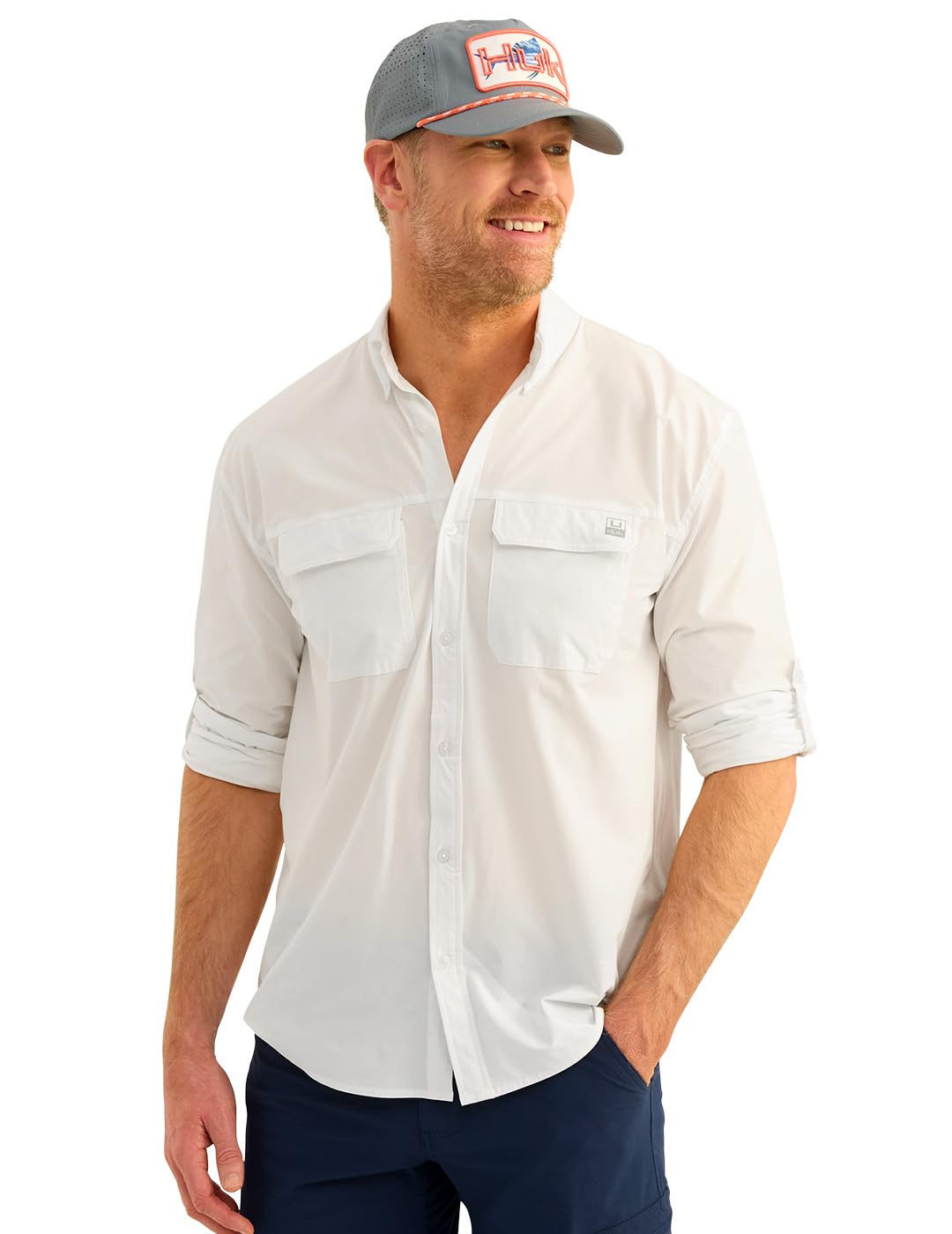 HUK Mens Next Level Solid Long Sleeve Fishing Button Down Shirt for Men