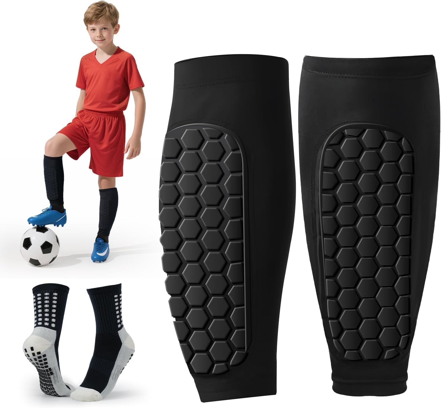 Schienbeinschoner Kinder Fussball mit Warme Anti-Rutsch-Socken,Skifahren Schienbeinschoner, Keine Installation erforderlich Anti-Ablösung Wabenbrett Herren Shin gurad Kinder