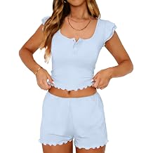 LEEDYA Women's Pajama Set - 2 Piece Ruffle Sleeve Sleepwear with Button Front, Square Neck Summer Lounge Set, Y2K Style