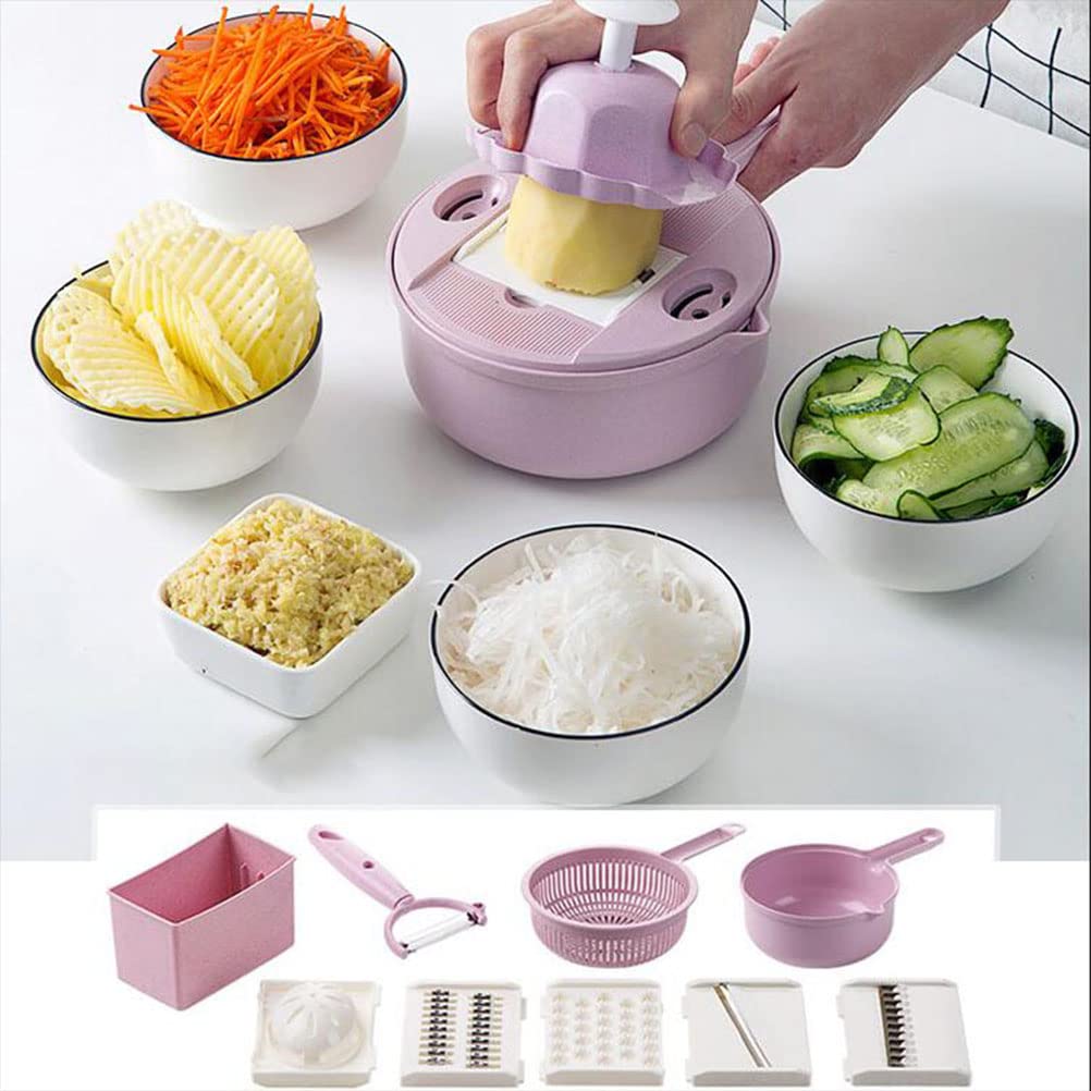 Tagliaverdure con contenitore, 12 in 1, multifunzione, affettatrice per verdure, frutta, grattugia da cucina, lame in acciaio inox con cestello di scarico