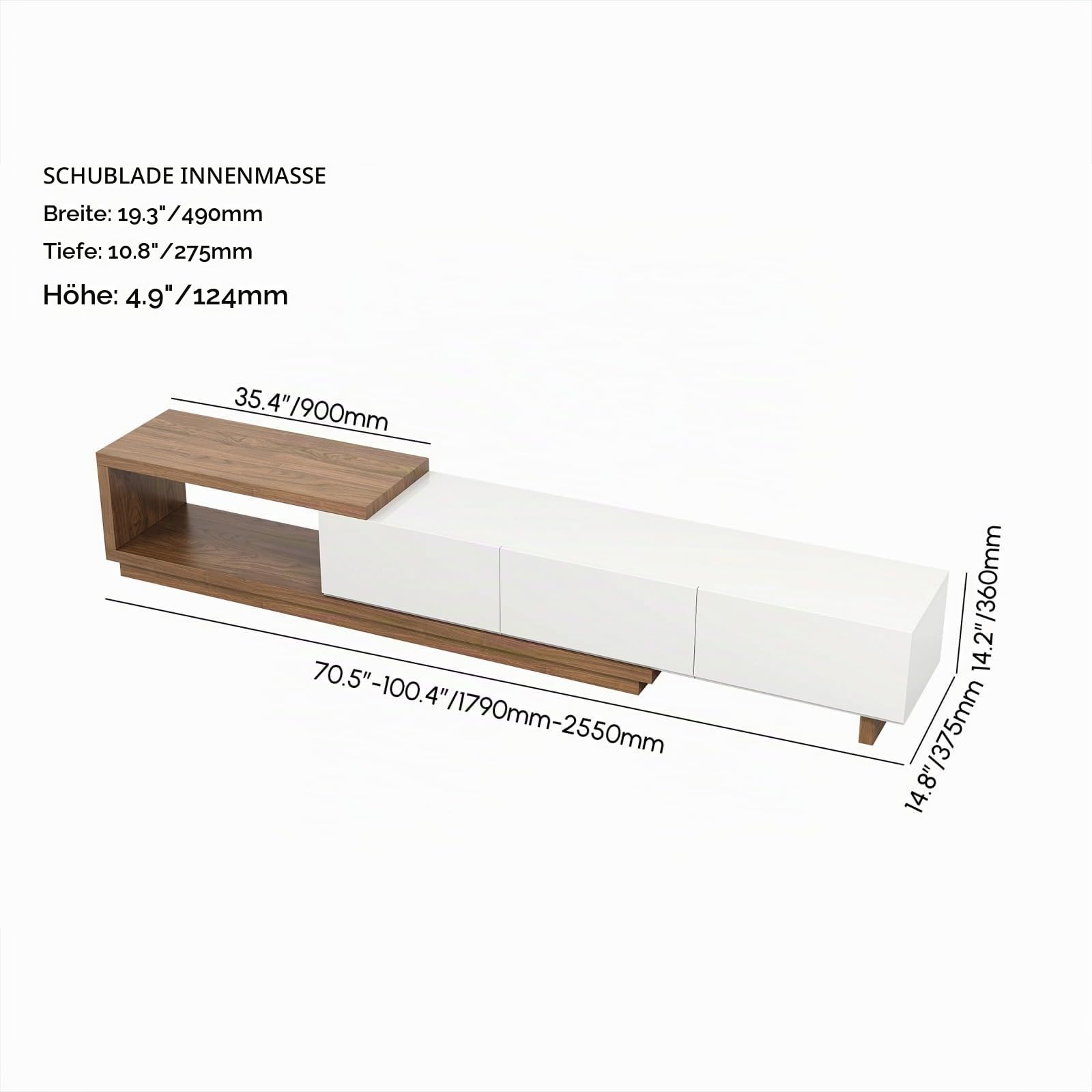 Homary Erweiterbarer TV-Schrank 179-255 cm, TV-Möbel mit 3 Schubladen