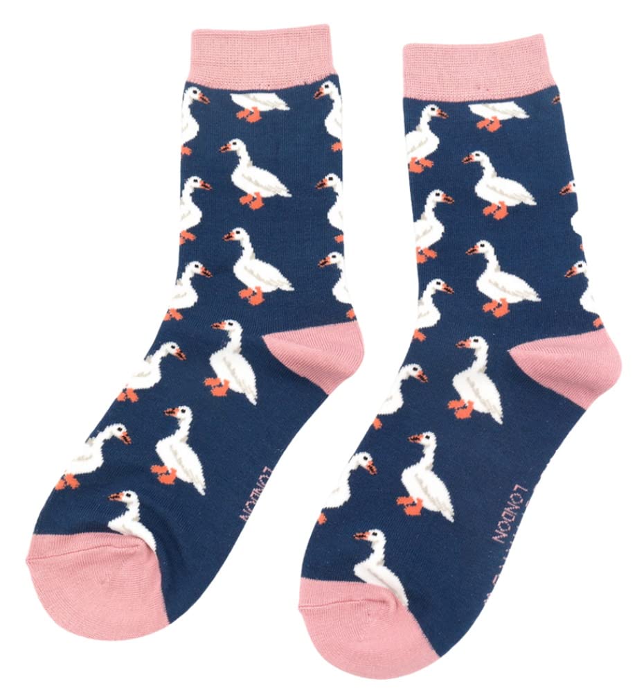 Lilyrosa Women's Blue White Duck Design Socks One Size 3-7 Bamboo Blend Crew Mid Calf