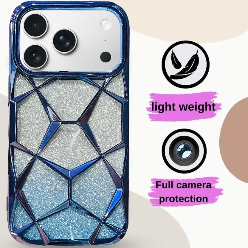 Image of VONZEE Gradient Glitter Back Cover Case Compatible with iPhone 17 Pro, Luxury Electroplated 3D Cube, Diamond Bling Shiny Soft TPU Clear Shockproof Women Girls Protective Phone Cover (Sierra Blue)
