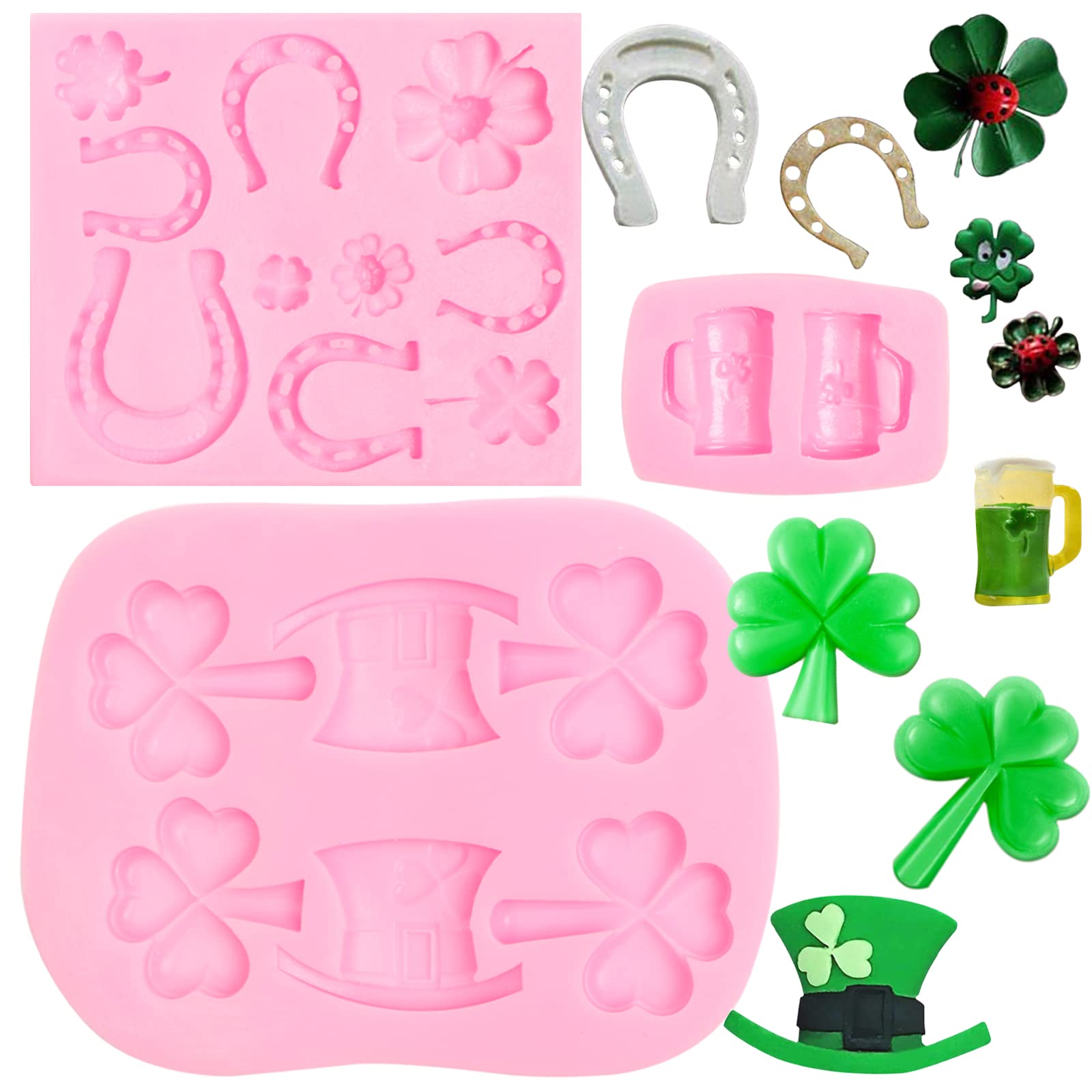 Shamrocks Silicone Mold 3 Pcs, St Patrick'S Day Chocolate Four Leaf Clover Hat Horse Shoes Fondant Mold for Cake Decoration, Cupcake Topper, Saint Patrick'S Partyk, Candy, Polymer Clay Crafts