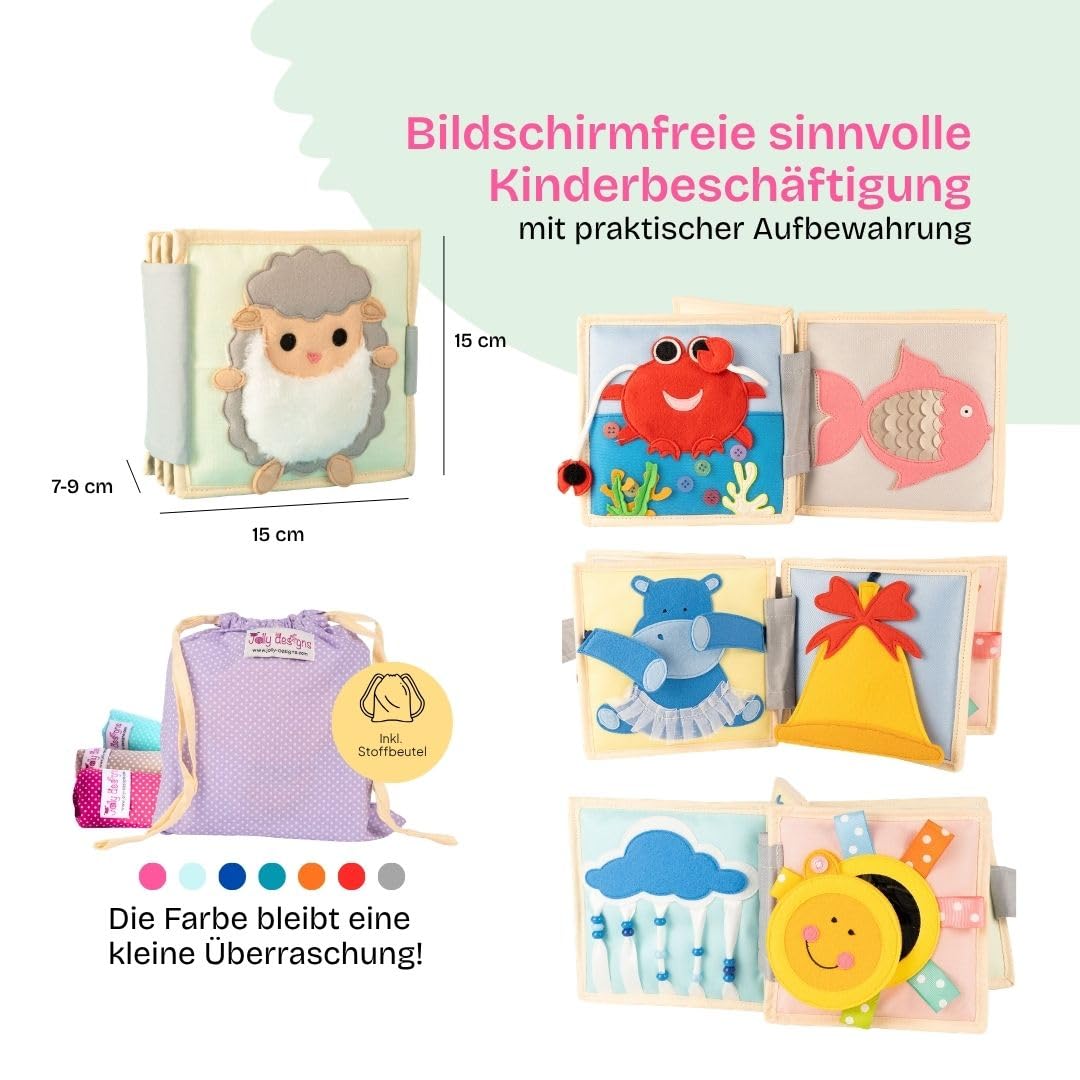 Jolly Designs – Happy Sheep - 6 Seiten Mini Quiet Book – Montessori Spielzeug ab 4 Monaten – Motorik & Sensorik fördern – Handgefertigtes Filzbuch – Lernspielzeug für Kleinkinder – Busy Book