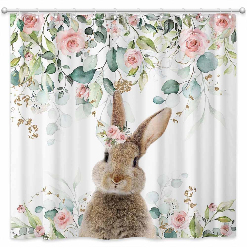 Joliaco Funny Rabbit Shower Curtain Bunny Green Eucalyptus Floral Rabbit Bathroom Curtain Set Easter Bunny Polyester Fabric Bathtub Decor with 12