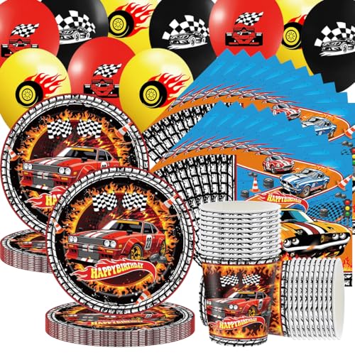 Decoração de aniversário de carro de corridas de 78 peças, louça temática de corrida, decoração de festa de carros desportivos, incluindo guardanapos, copos de papel, pratos e balões, adequado