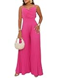 Women’s V Neck Spaghetti Strap Jumpsuits Wide Leg Pleated Pants Summer Cami Overalls