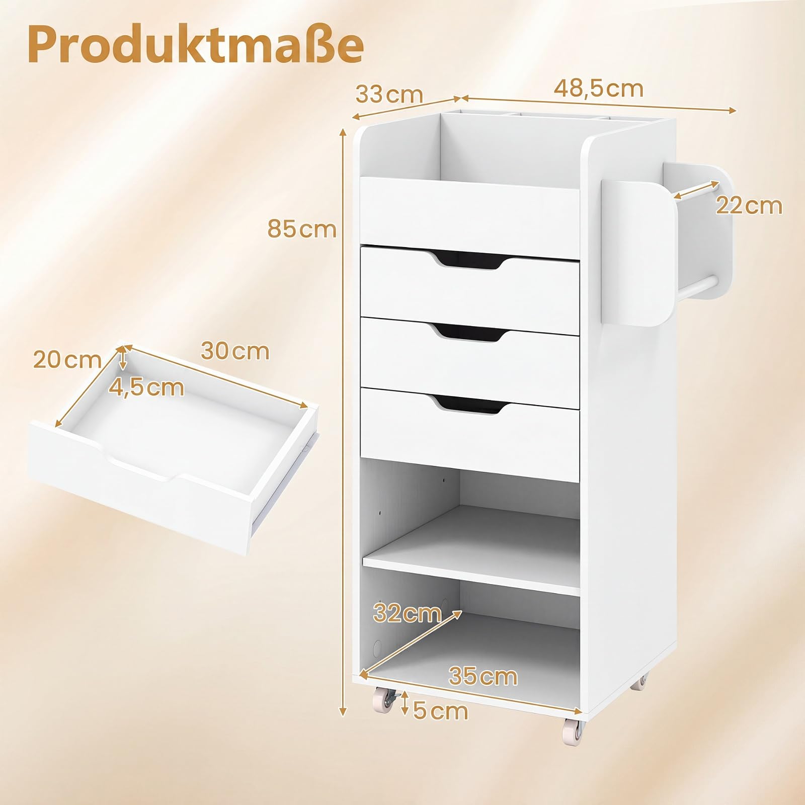COSTWAY Rollcontainer mit 3 Schubladen, Rollwagen auf Rollen (Weiß) | Bastelwagen mit 2 Rollstangen & 3 Fächern, Bastelschrank aus Holz, Schreibtisch Unterschrank, Bürocontainer für Zuhause, Büro