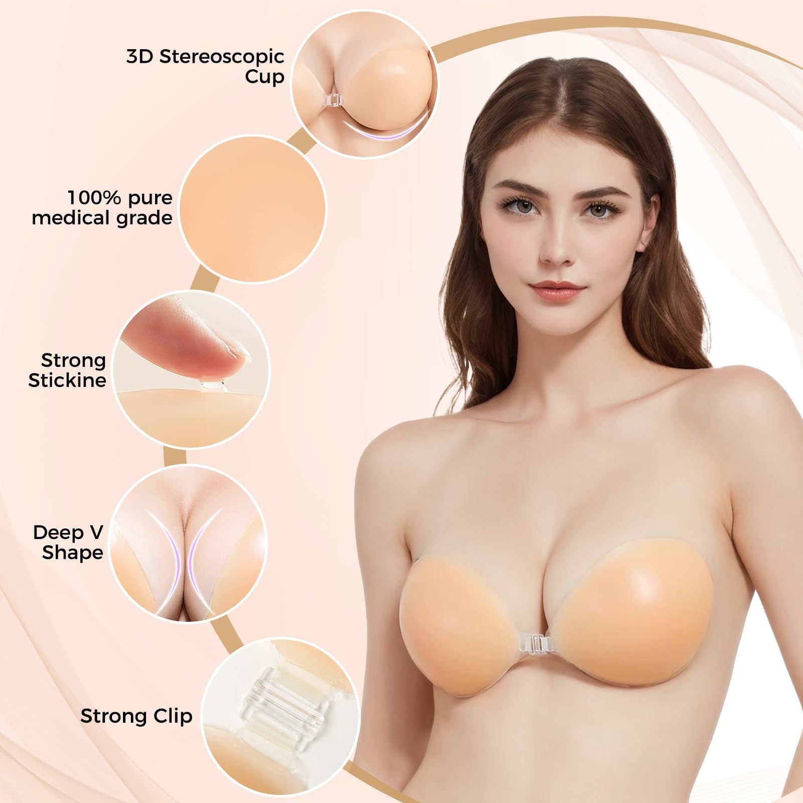 AURUZA Reggiseno adesivo, senza spalline, invisibile, push-up, riutilizzabile, in silicone, senza spalline
