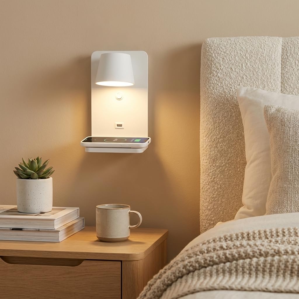 BARCELONA LED Wandleuchte "BASKOP W" Leselampe 6 W schwenkbar Kabellose Ladestation + USB-Port Moderne Wandleuchte ideal für Kopfteil, Schlafzimmer oder Schreibtisch