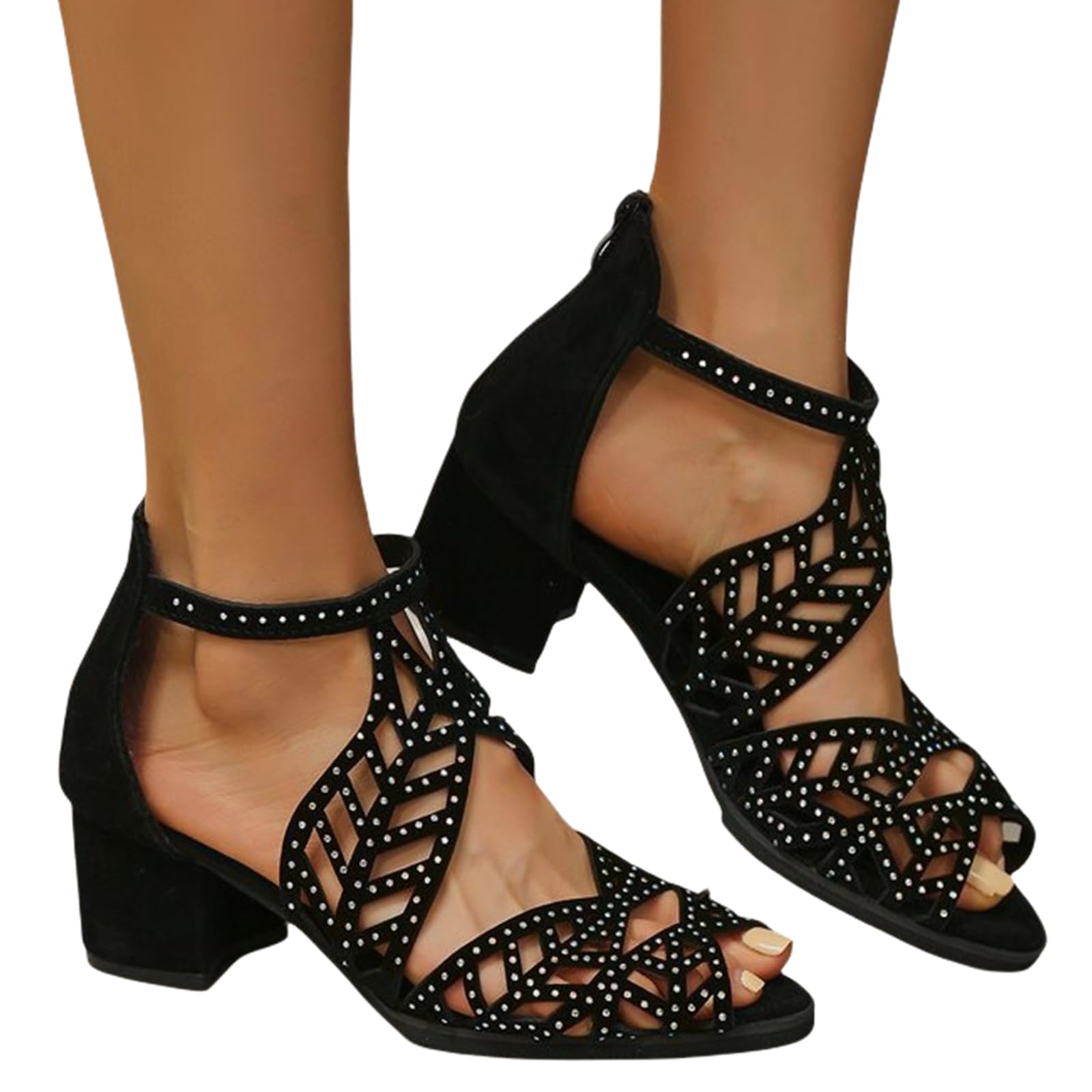 Women Rhinestone Block Heel Sandals Cutout Zipper Chunky Heel Sandals Peep Toe Rome Shiny High Heels Party Bride Work Fashion Shoes