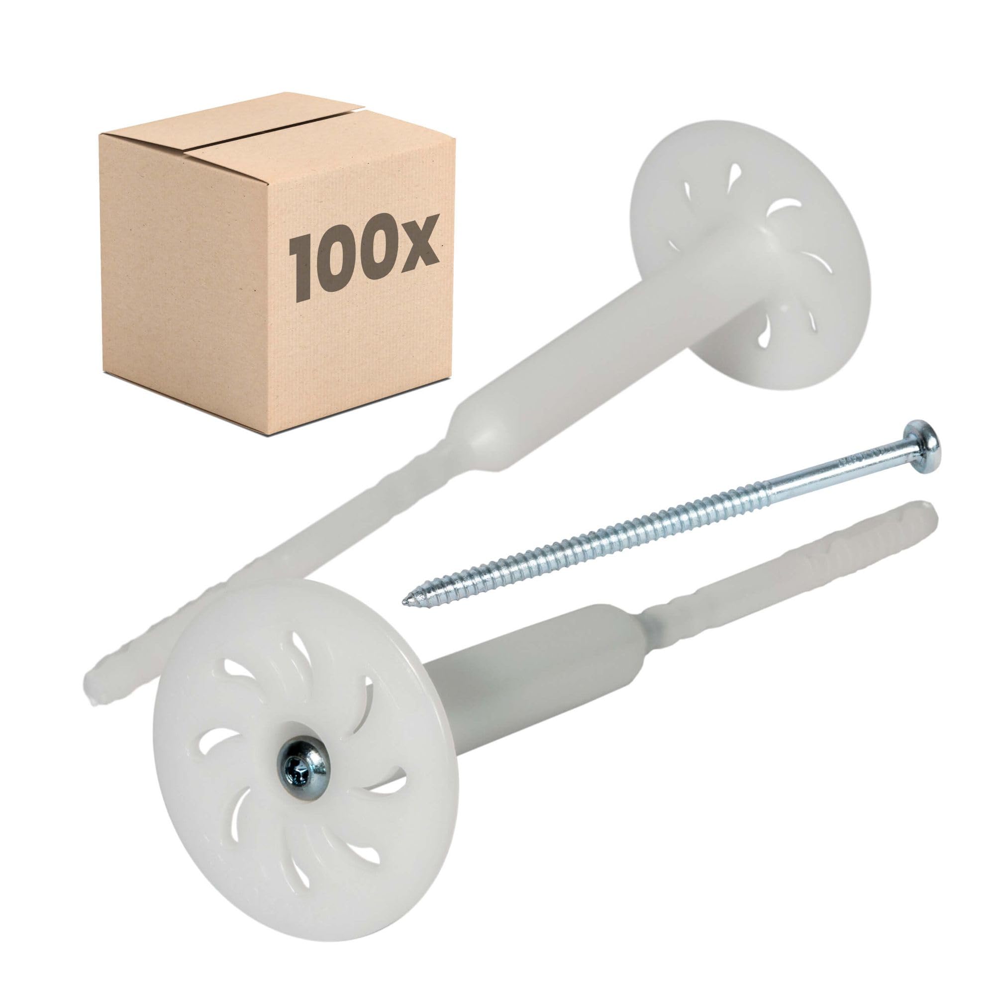 PROTEKTOR 100x Tacos roscados para aislamiento, premontados Ø8 x 240mm | Plástico, taco SATE para aislamiento de fachada, premontado con tornillo de acero galvanizado