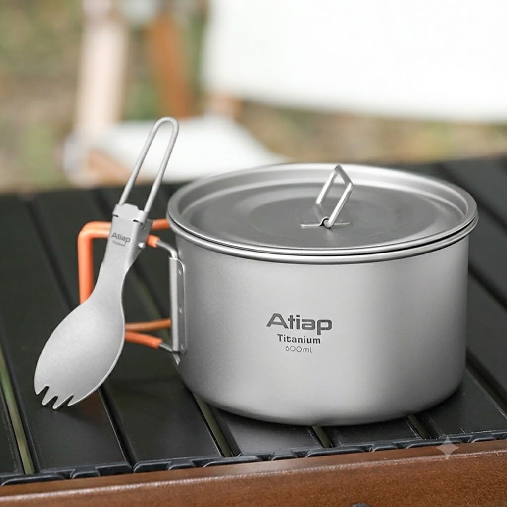 Tazón de titanio con mango plegable, cuenco de titanio de una sola pared con mango plegable para acampar al aire libre, senderismo, picnic (Ta8216M-GJ+M110+8001P)