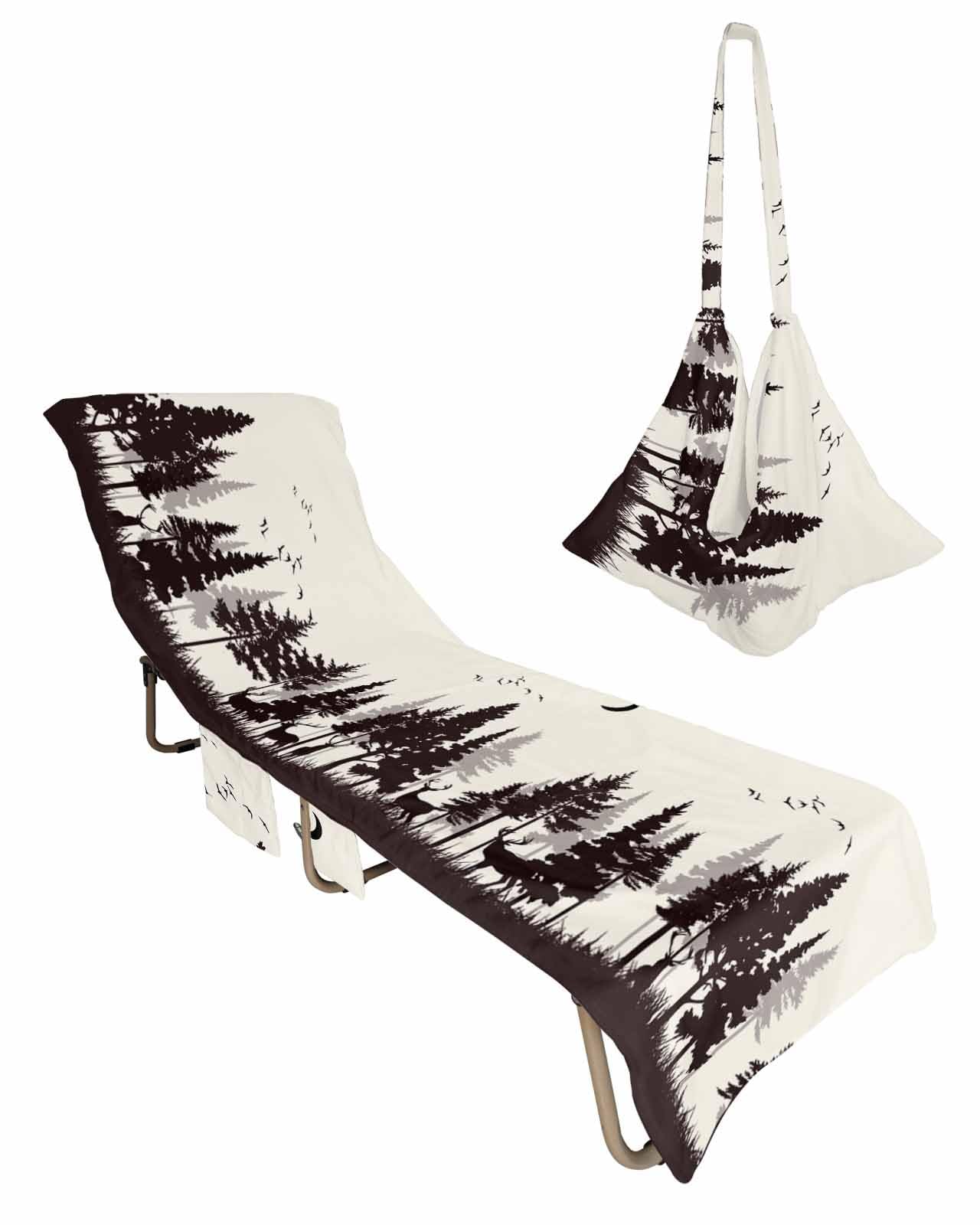 Beige Forest Elk Beach Lounge Chair Towel Cover, Soft Chaise Lounge Towel with Side Pockets Patio Pool Chairs Cover for Beach/Pool Sunbathing 29x85 Animal Deer Bird Tree Botanical Moon