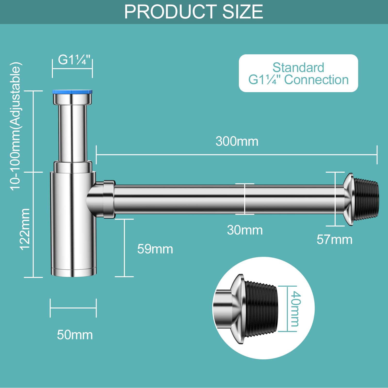 Sifón Diseño para Lavabo, Sifón Universal para Fregadero, Sifón Lavabo Universal 1 1/4", Sifón de Olores con Apertura de Limpieza, Altura Ajustable, para Fregadero y Lavadero, Cromado