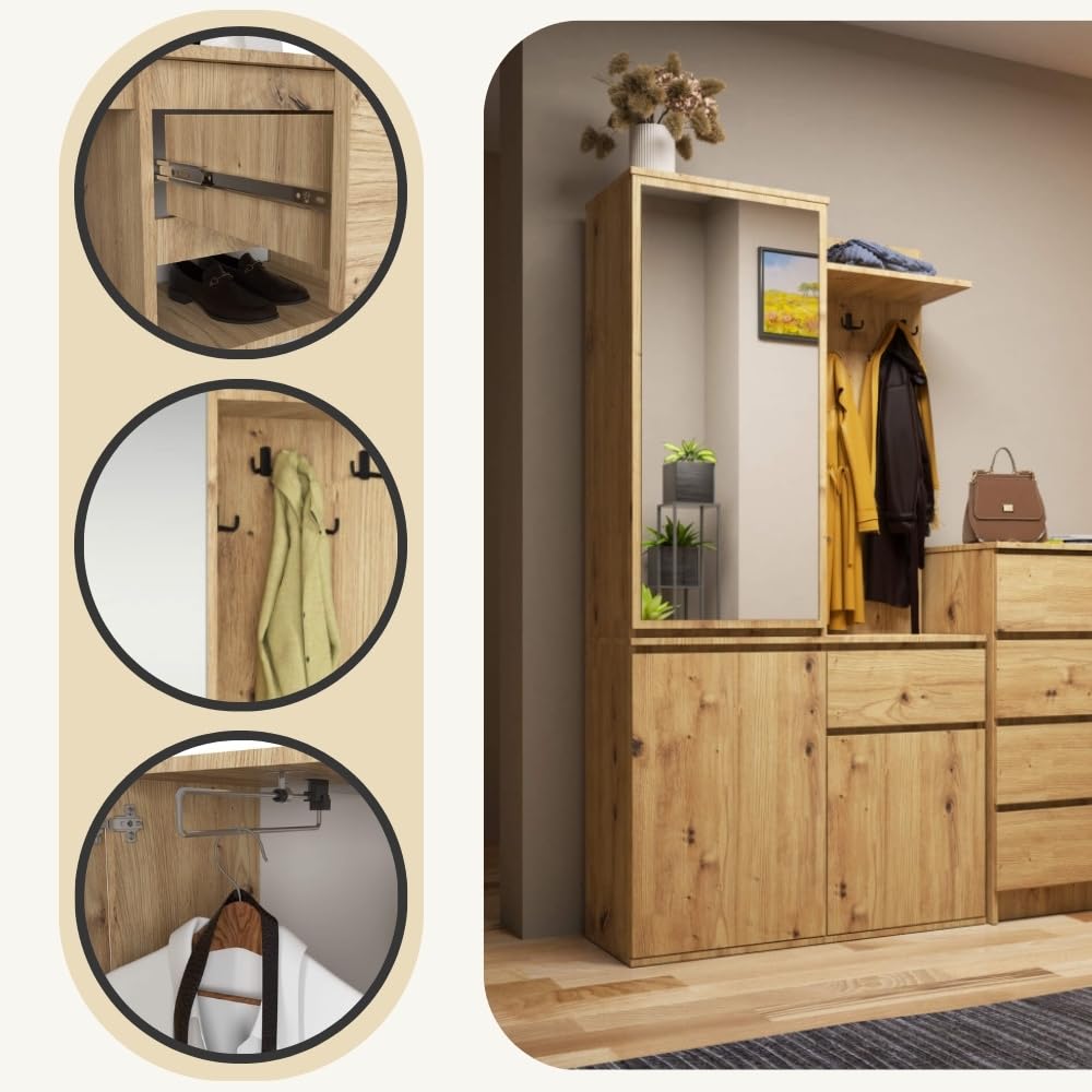 AKORD Mueble Recibidor con Espejo - 95 cm 3 Puertas, 1 Cajón, 7 Estantes para Zapatos y Bolsos - Entraditas Recibidores Modernas y Estilo Industrial - Roble Artesanal